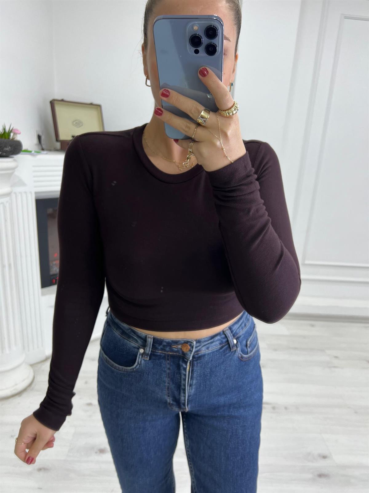 4632 Kısa Bluz KAHVE