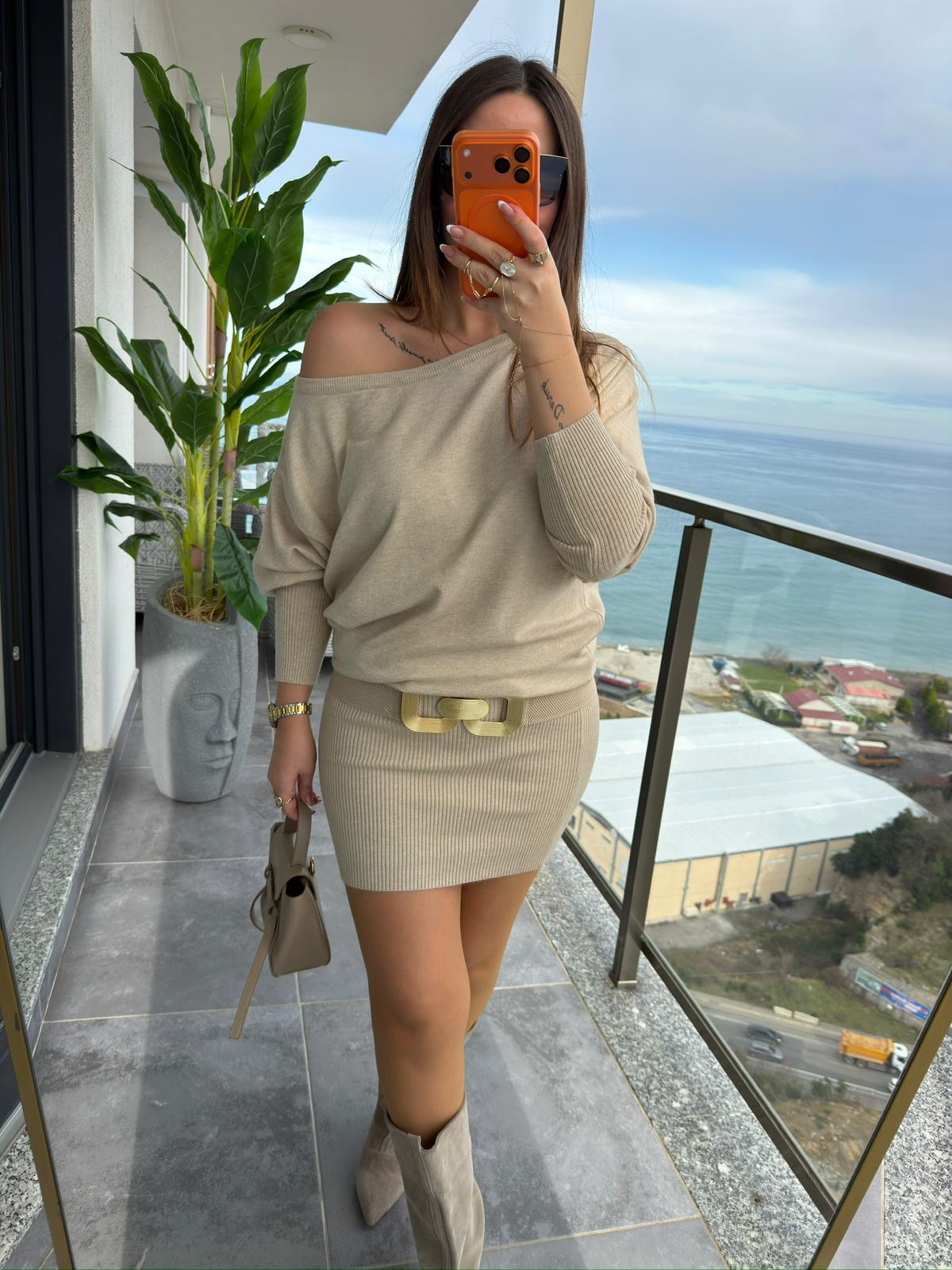 4633 Ribana Mini Elbise TAŞ