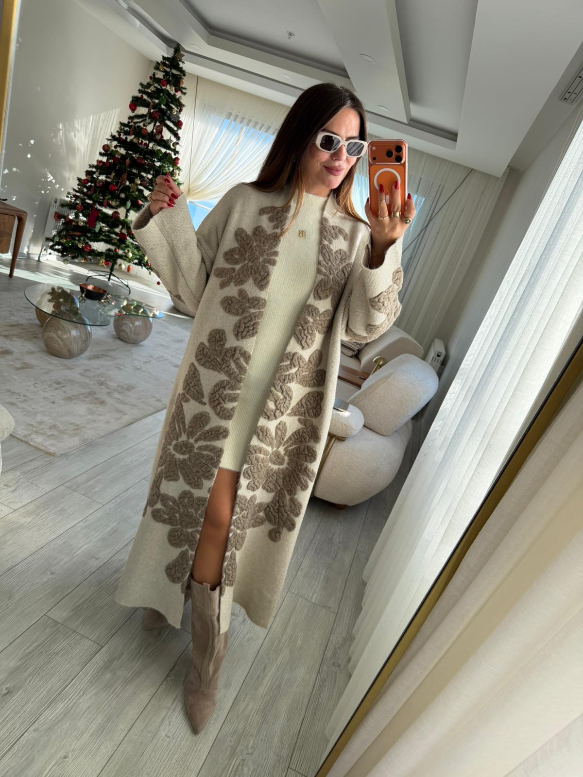4674 Çiçek Desenli Uzun Hırka TAŞ