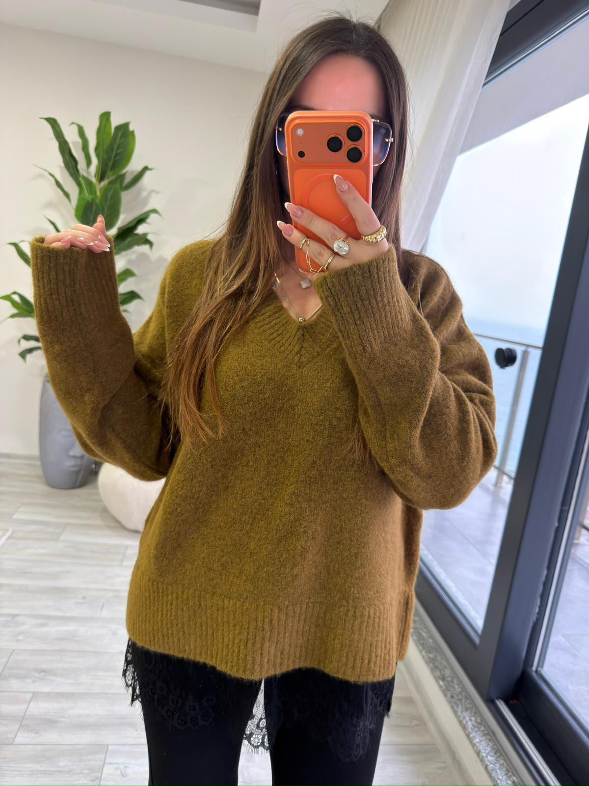 4684 Dantel Detaylı Kazak olive