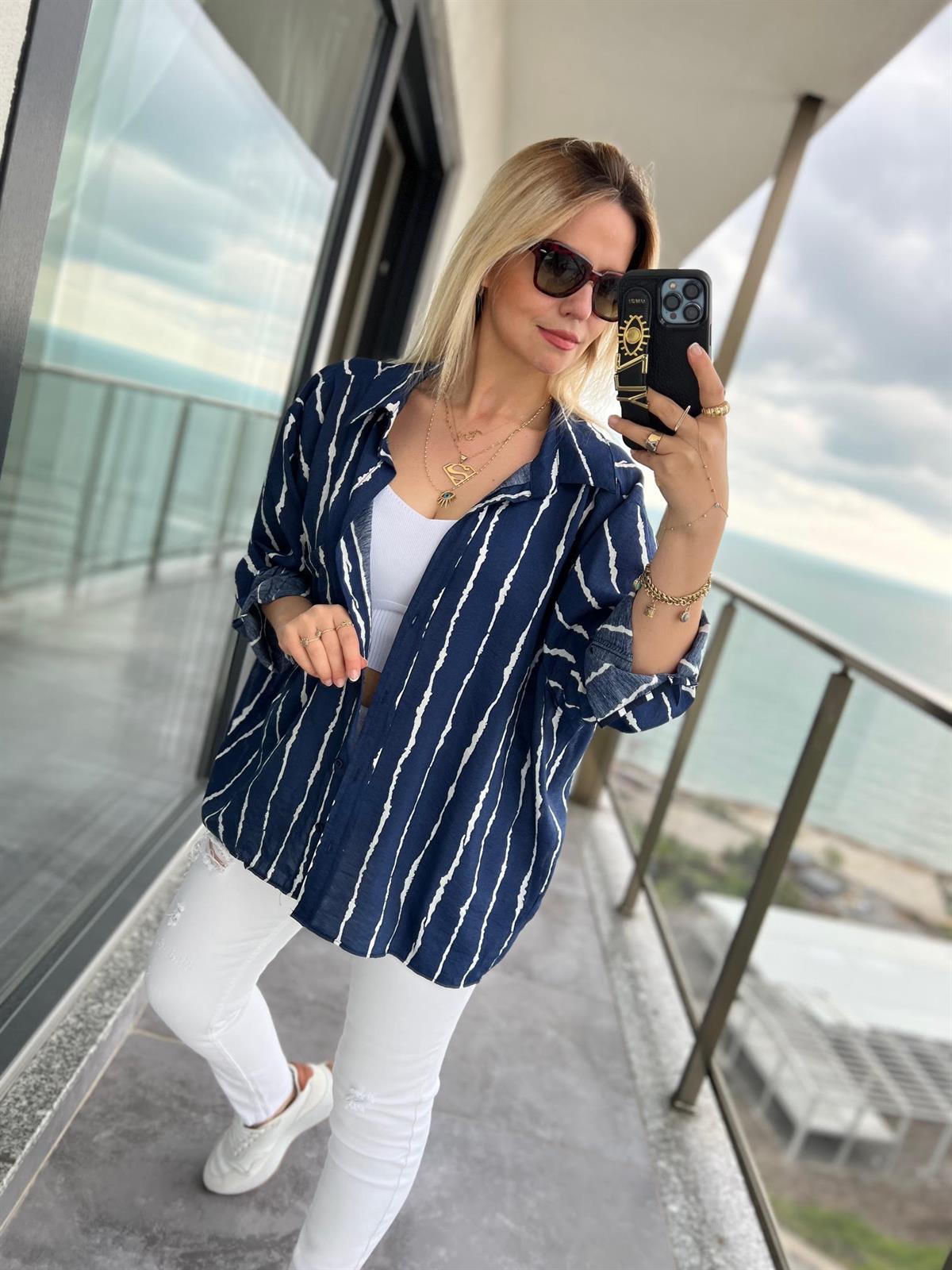 4700 Yakma Detay Keten Gömlek LACİVERT