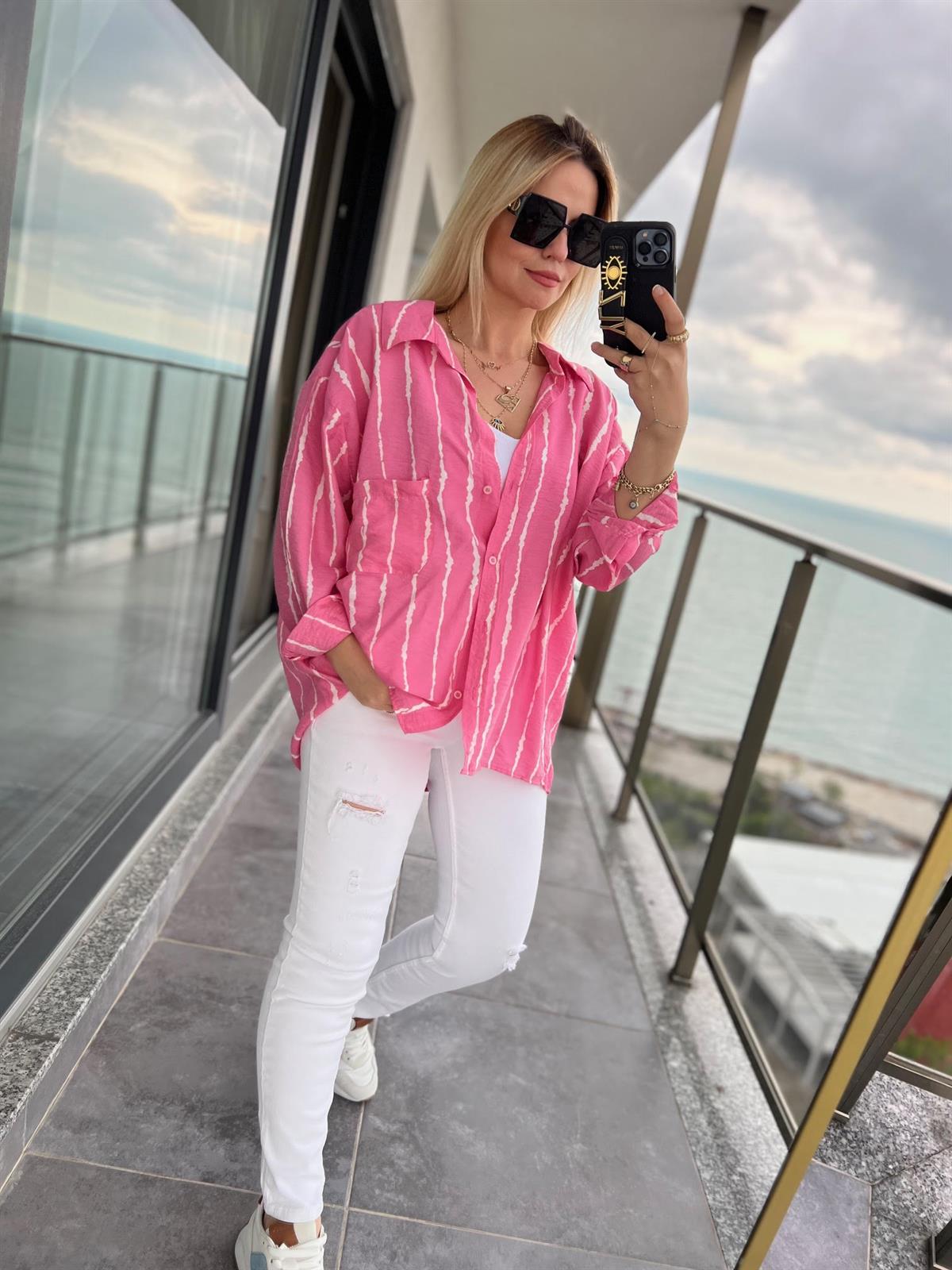 4700 Yakma Detay Keten Gömlek PEMBE