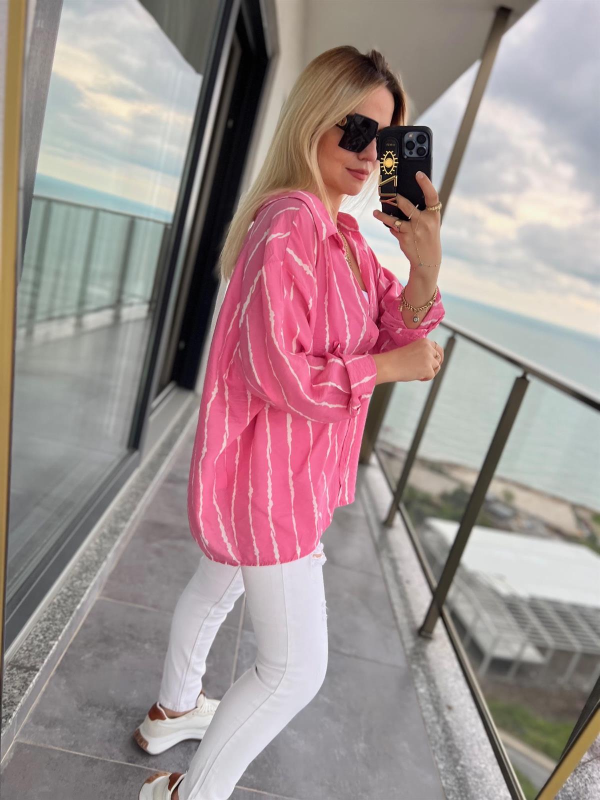 4700 Yakma Detay Keten Gömlek PEMBE