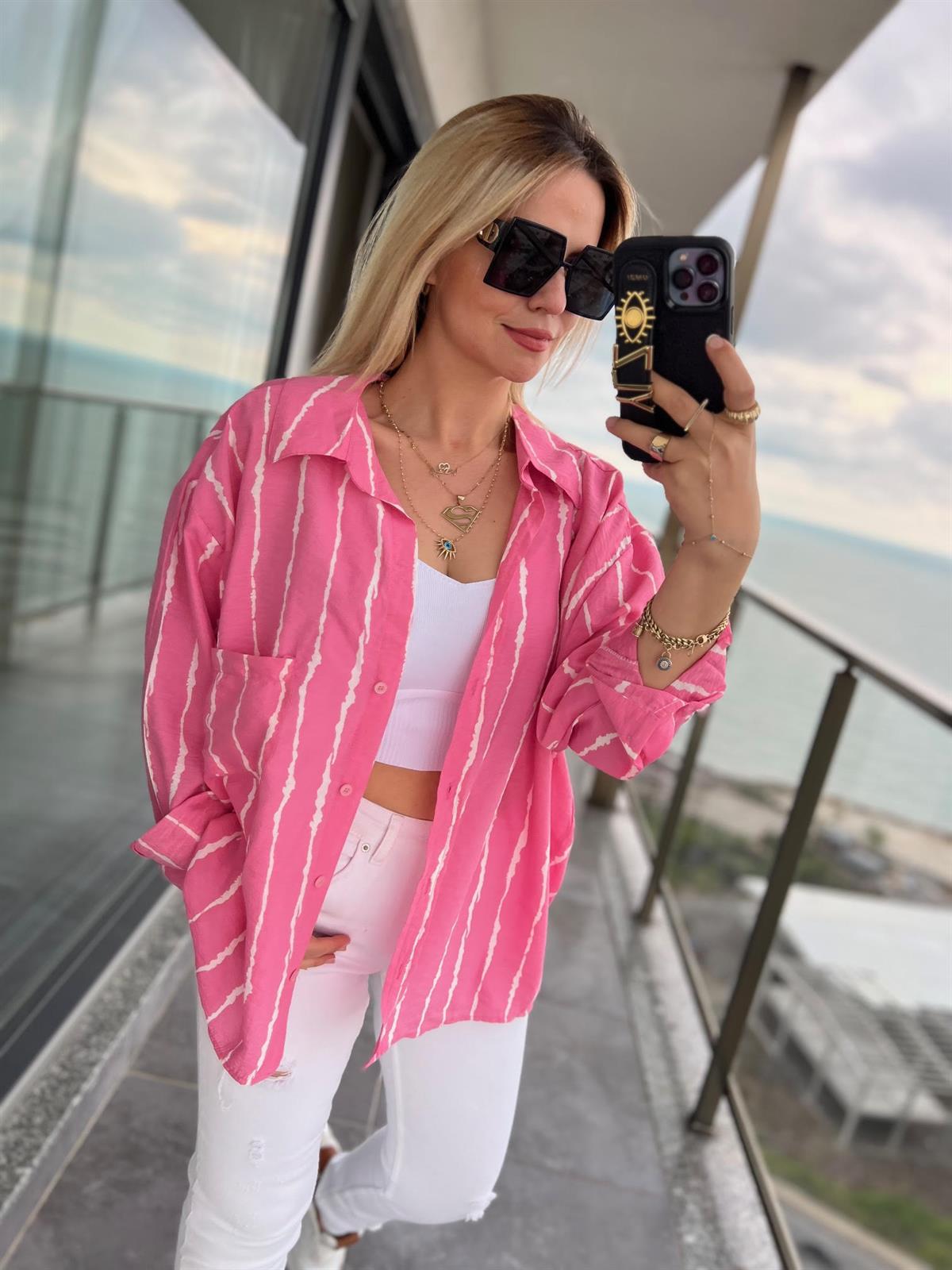 4700 Yakma Detay Keten Gömlek PEMBE