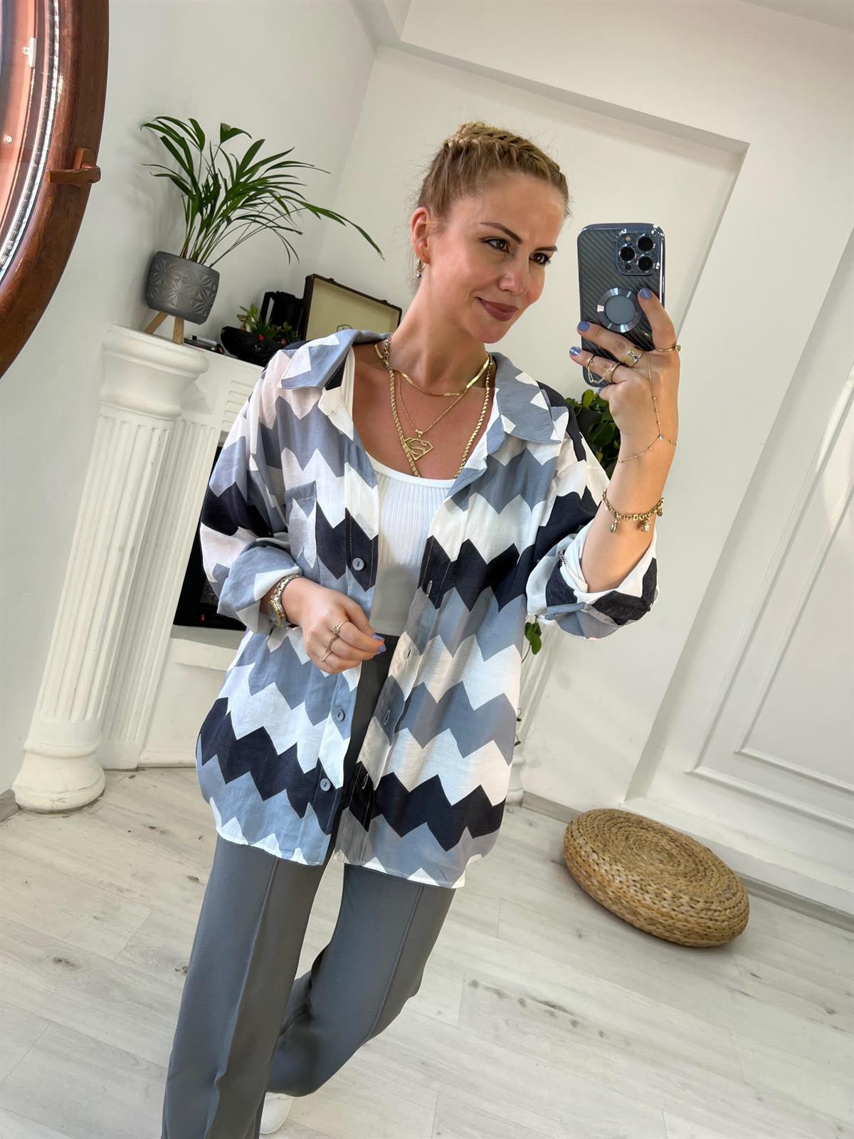 4734 Zigzag Oversize Gömlek GRİ
