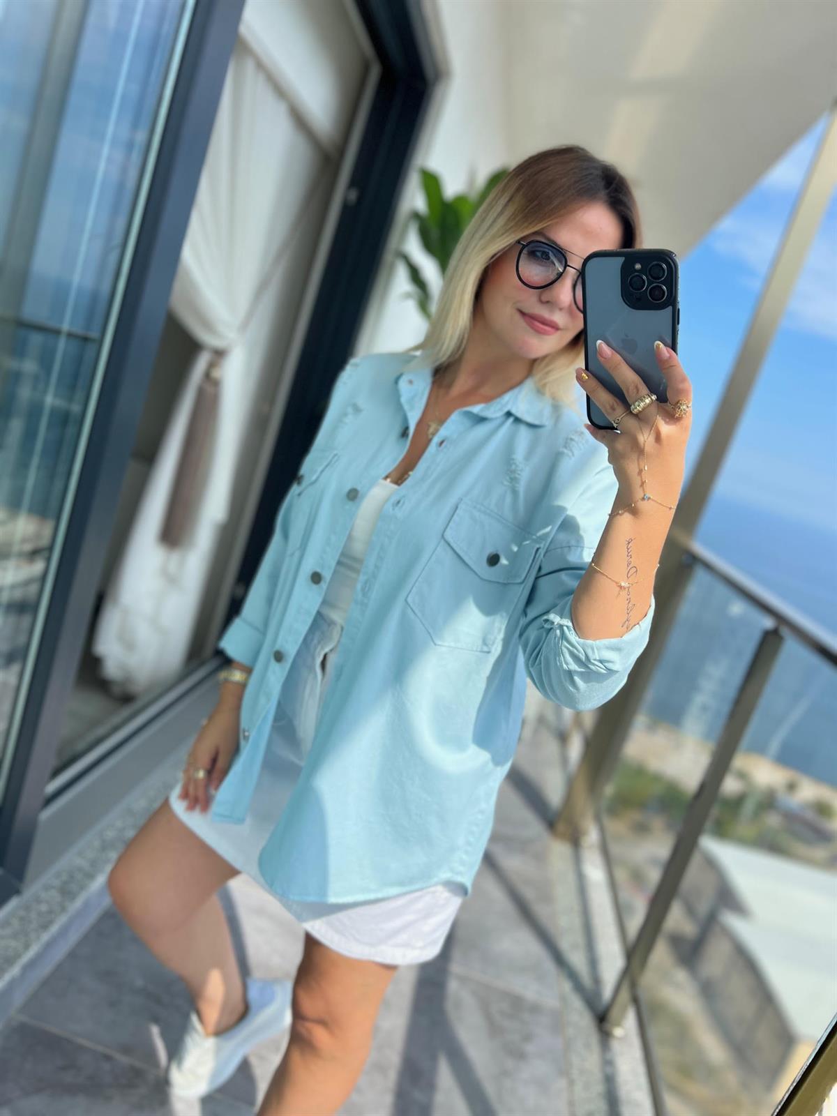 475 Yırtıklı Gabardin Gömlek BEBE MAVİ