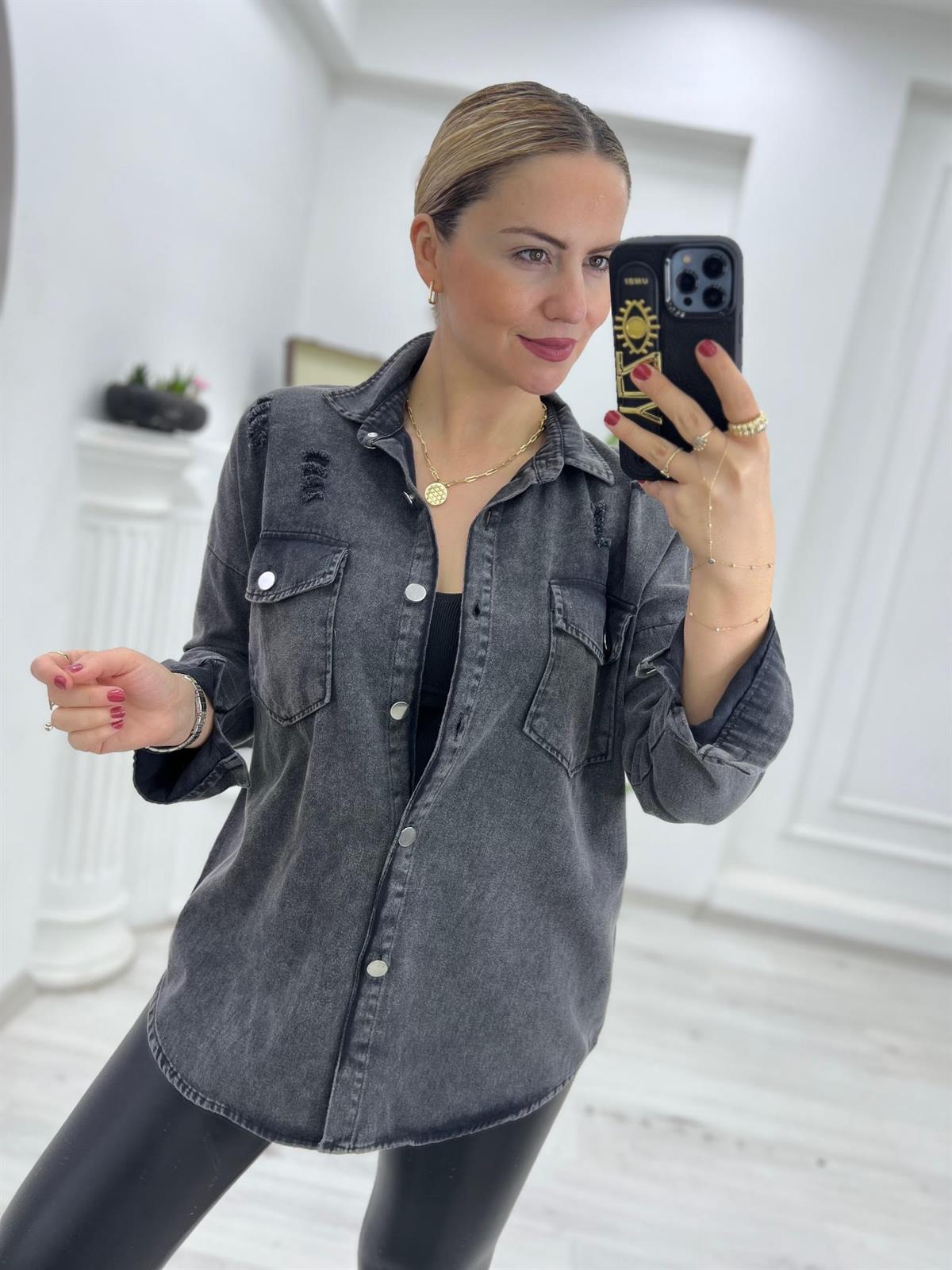 475 Yırtıklı Gabardin Gömlek FÜME