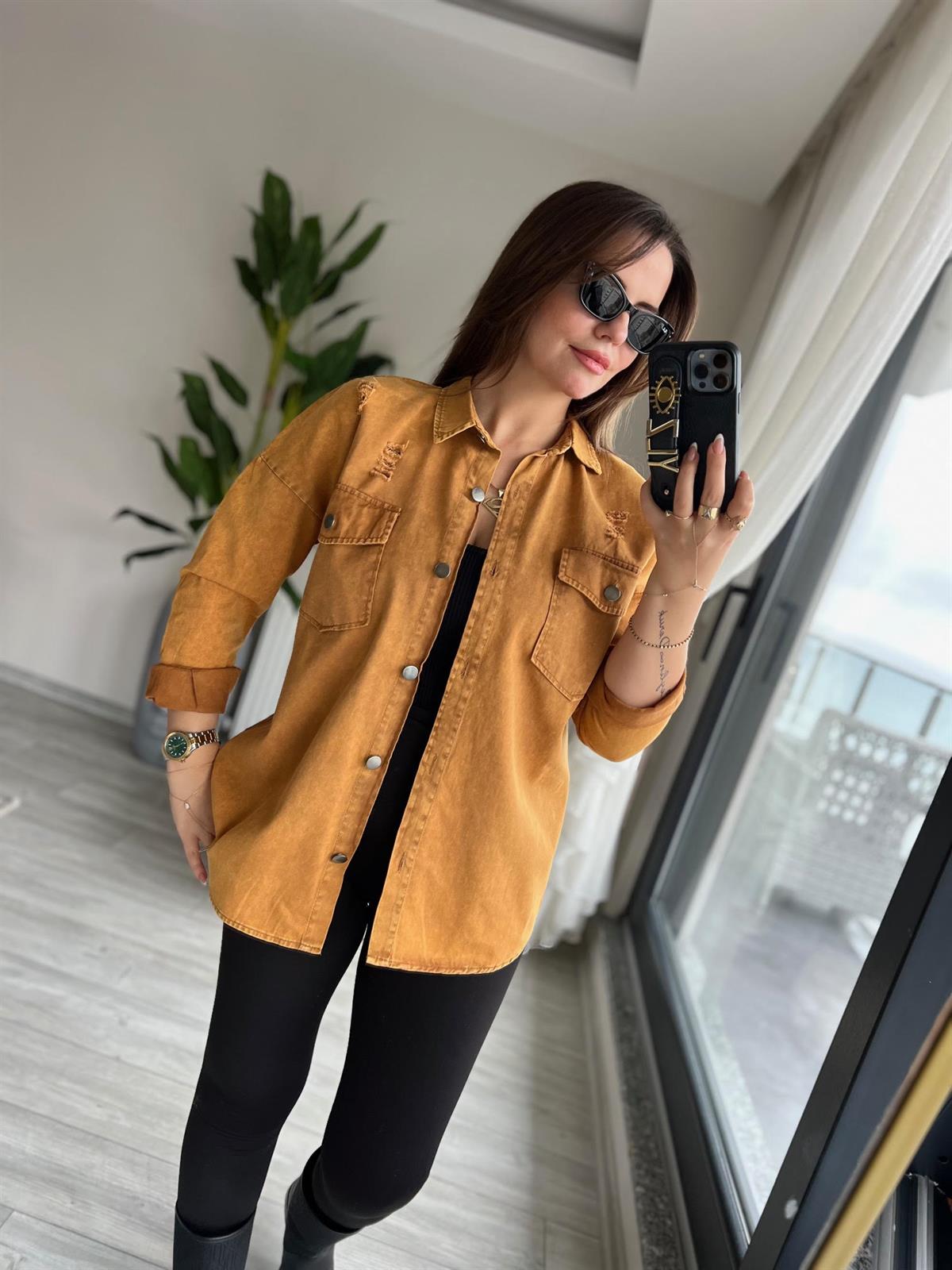 475 Yırtıklı Gabardin Gömlek HARDAL