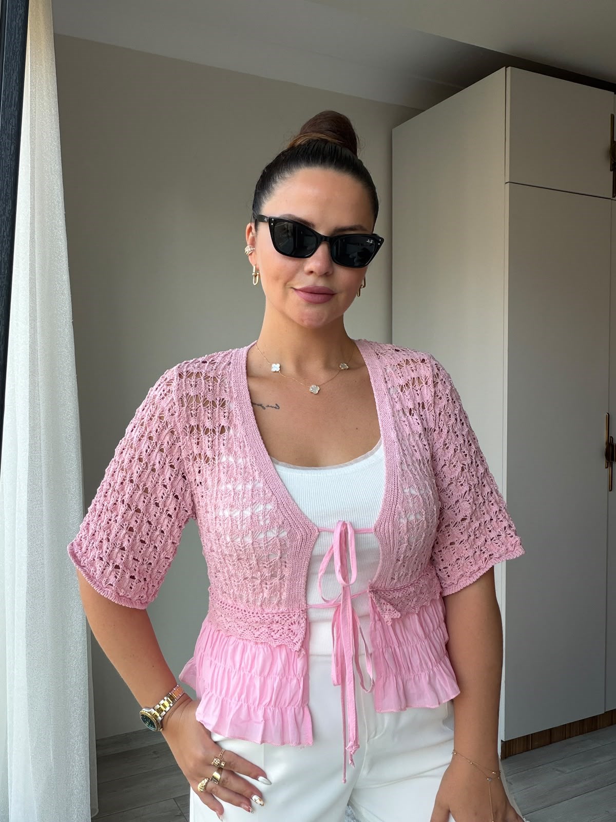 4751 Ajurlu Dantel Detay Bluz PEMBE