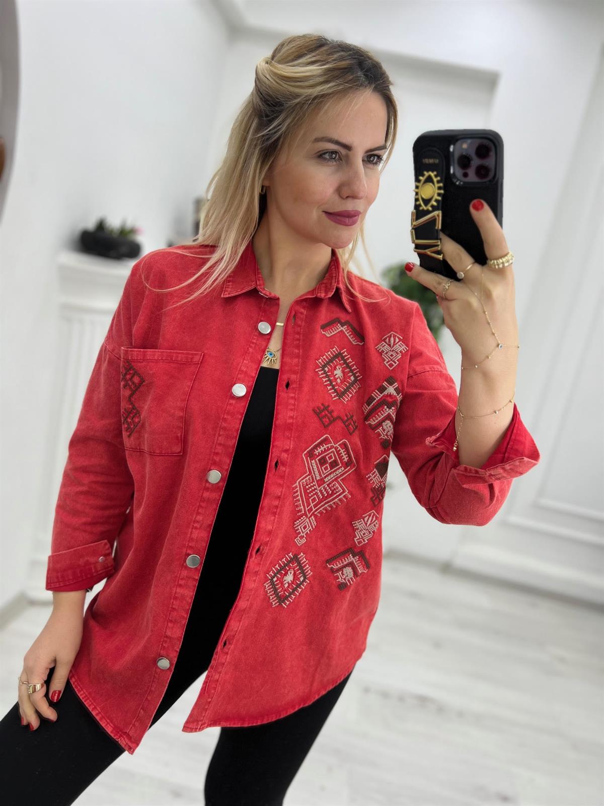 477 Etnik Desen Gabardin Gömlek KIRMIZI