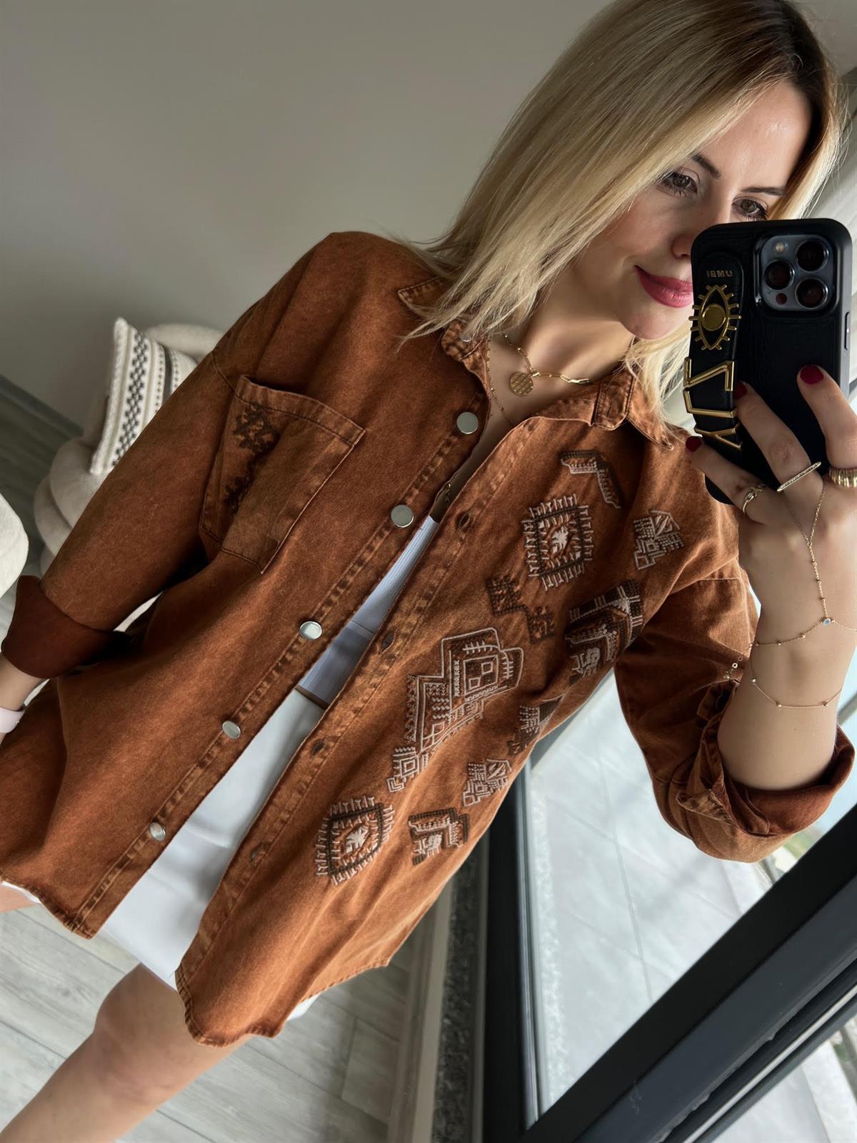 477 Etnik Desen Gabardin Gömlek KAHVE