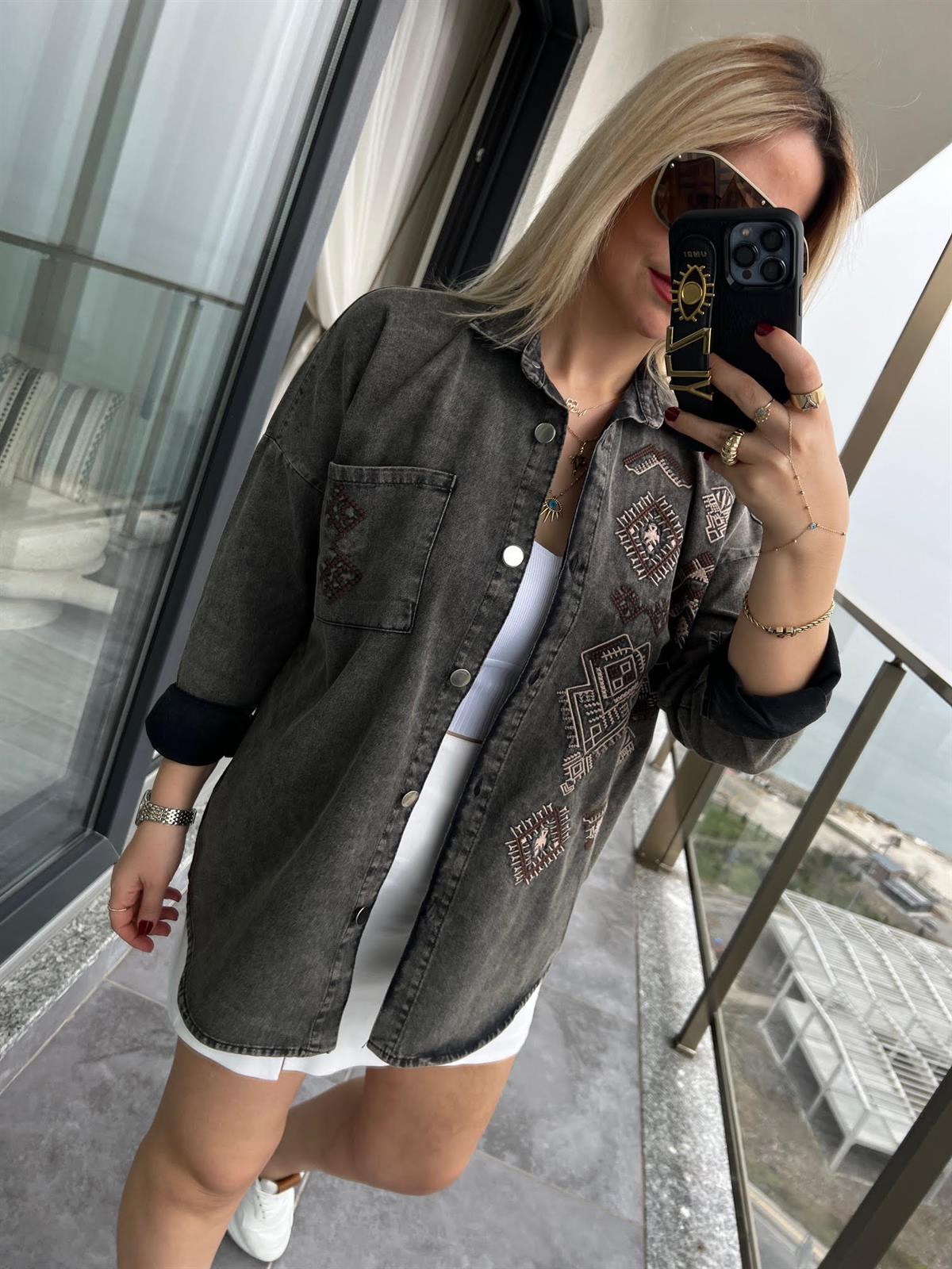 477 Etnik Desen Gabardin Gömlek ANTRESİT