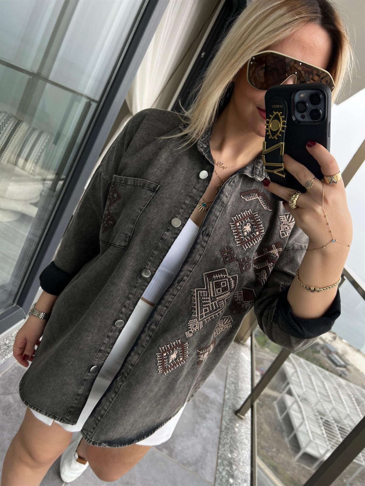 477 Etnik Desen Gabardin Gömlek ANTRESİT