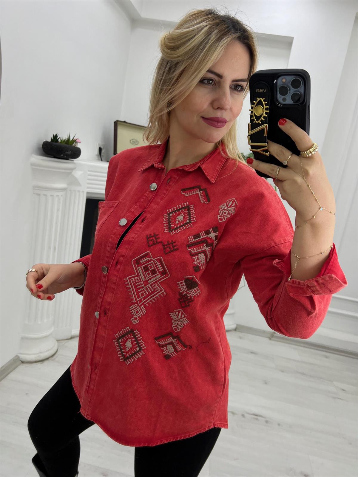 477 Etnik Desen Gabardin Gömlek KIRMIZI