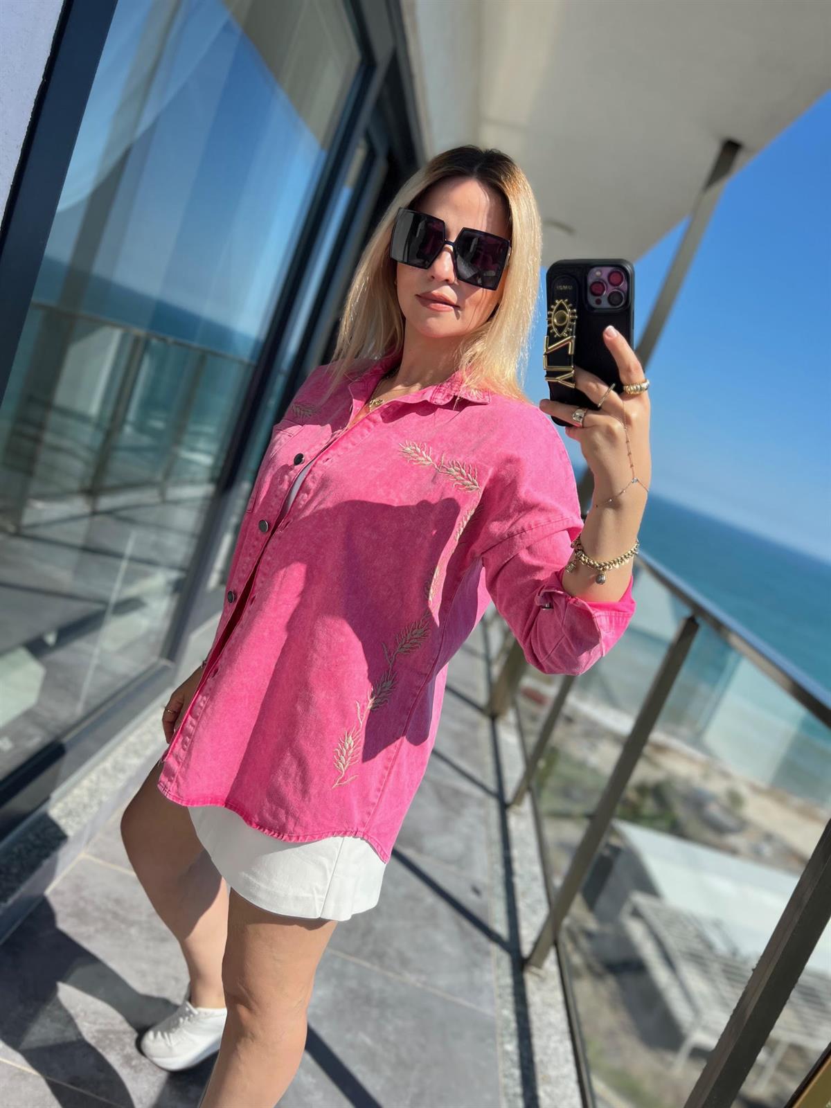 477 Etnik Desen Gabardin Gömlek FUŞYA