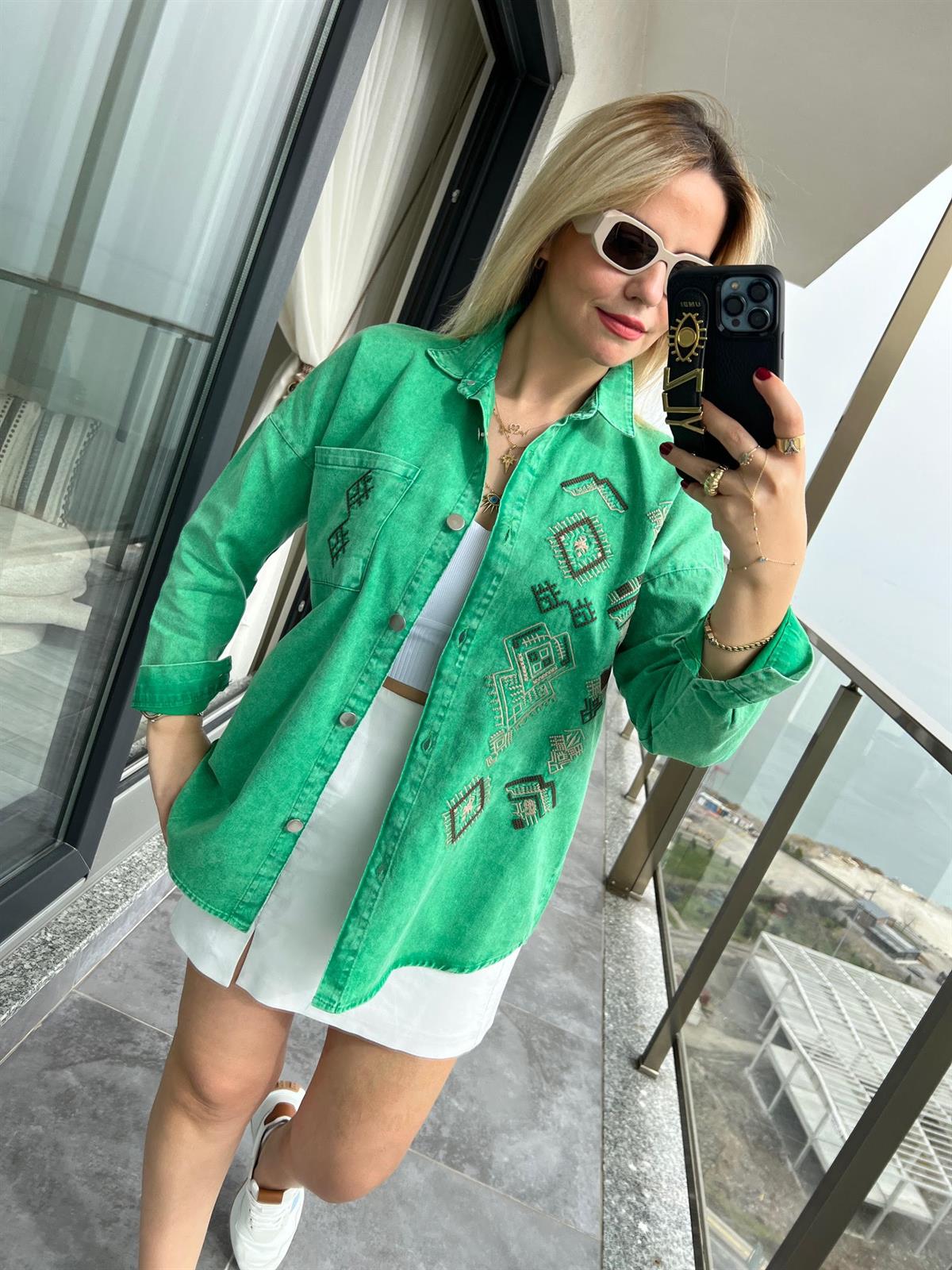 477 Etnik Desen Gabardin Gömlek YEŞİL
