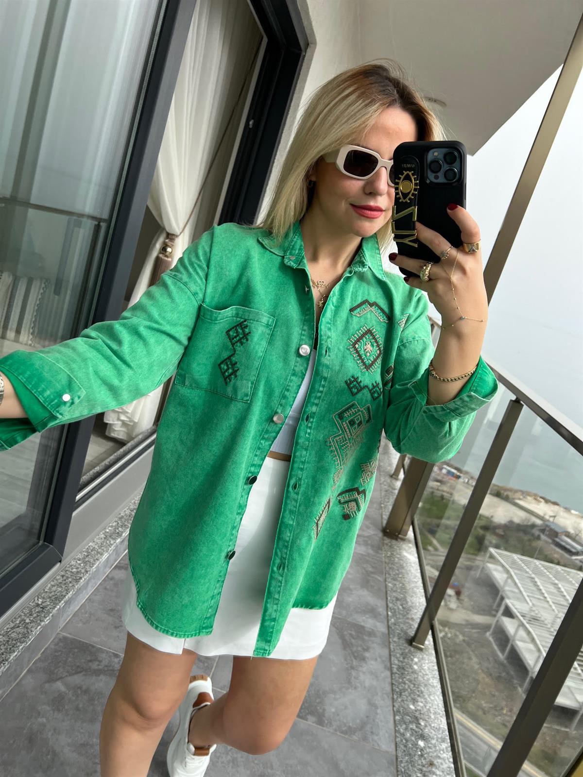477 Etnik Desen Gabardin Gömlek YEŞİL