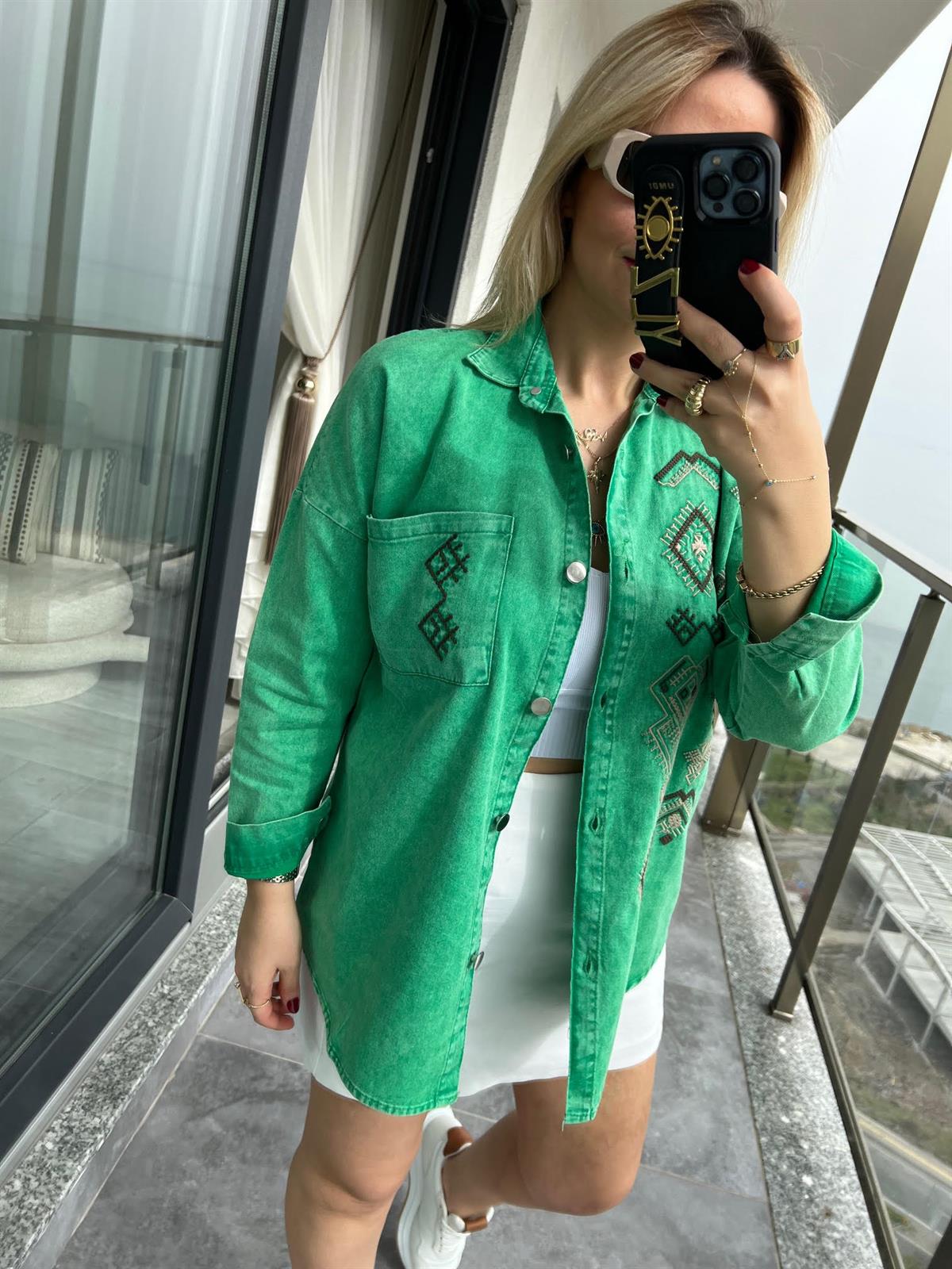 477 Etnik Desen Gabardin Gömlek YEŞİL