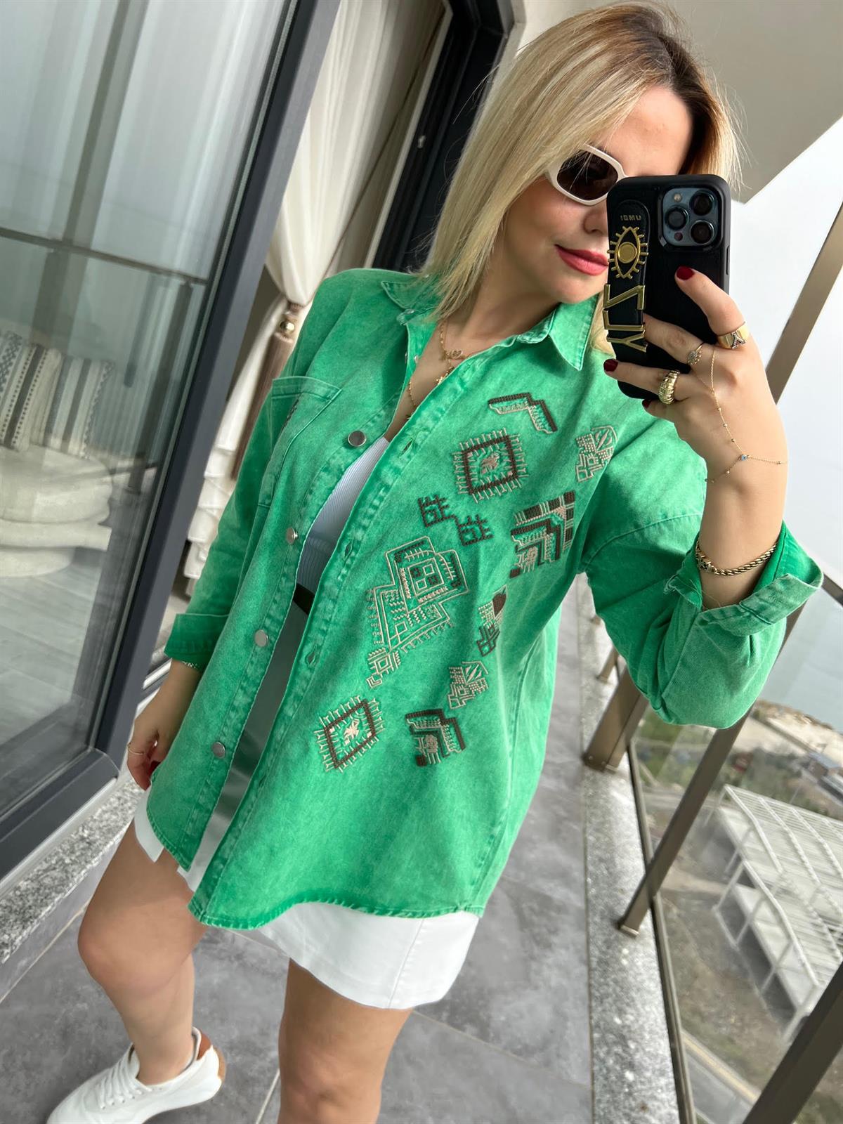 477 Etnik Desen Gabardin Gömlek YEŞİL