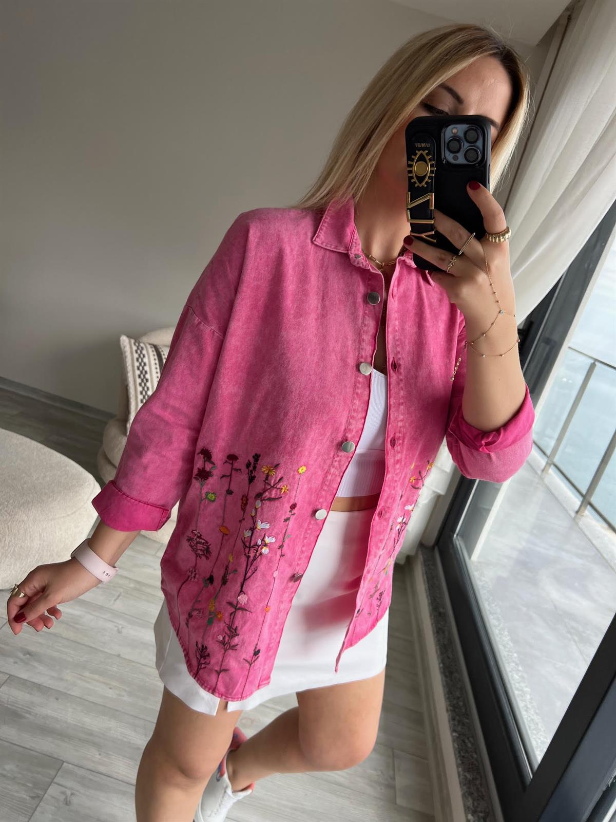 479 Çiçek Nakışlı Gabardin Gömlek PEMBE