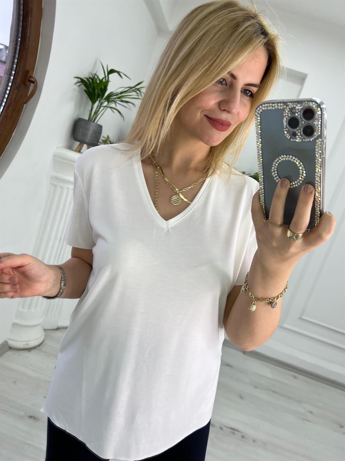 4791 V Yaka Tshirt BEYAZ