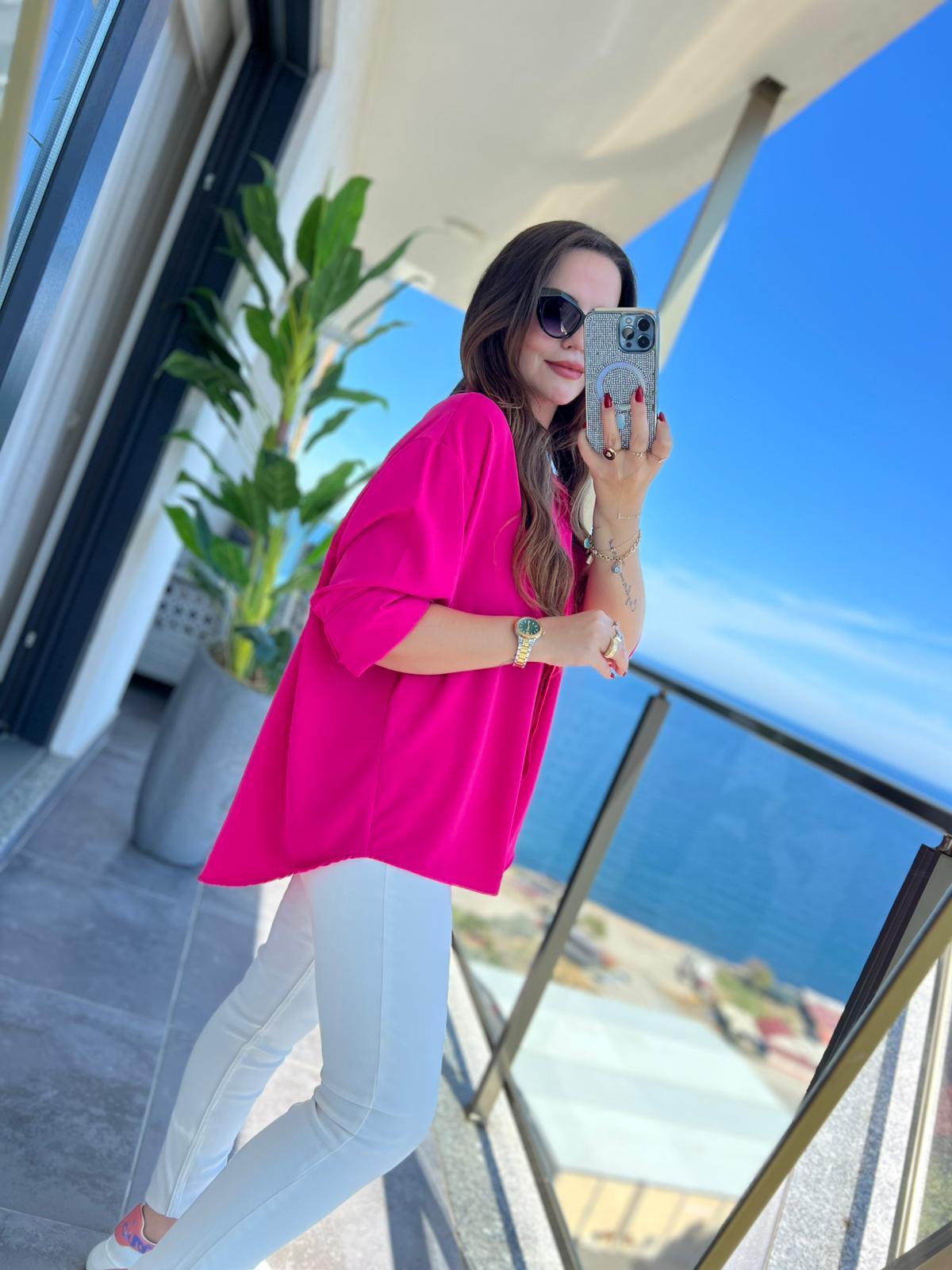 481 Yarasa Kol Saten Gömlek FUŞYA