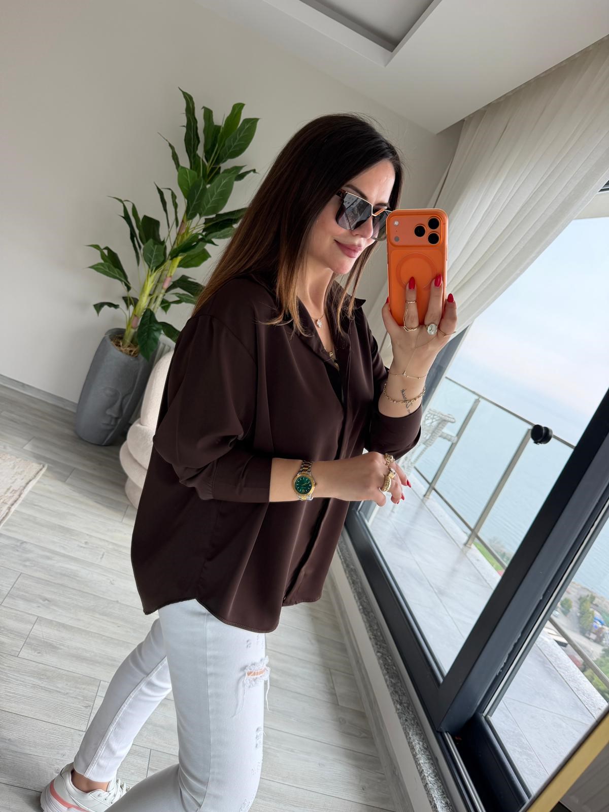 481 Yarasa Kol Saten Gömlek KAHVE