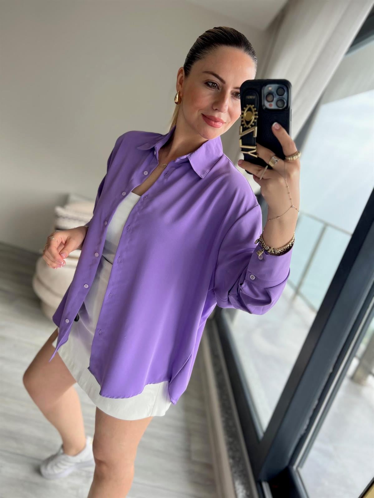 481 Yarasa Kol Saten Gömlek LİLA