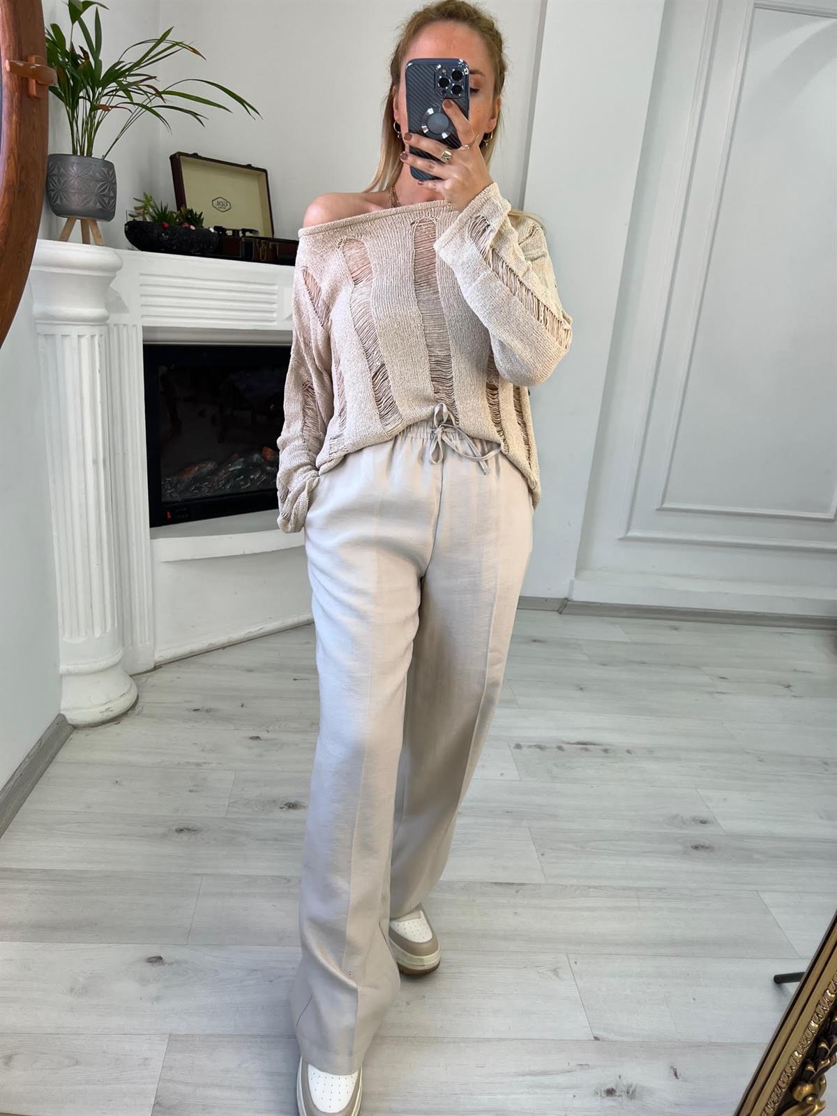 4825 Kemeri Bagcıklı Pantolon TAŞ