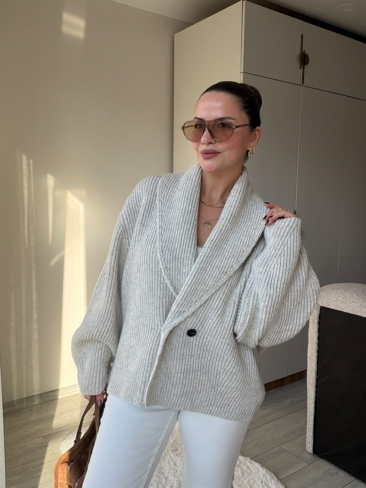 4837 Owersize Şal Yaka Yünlü Hırka TAŞ