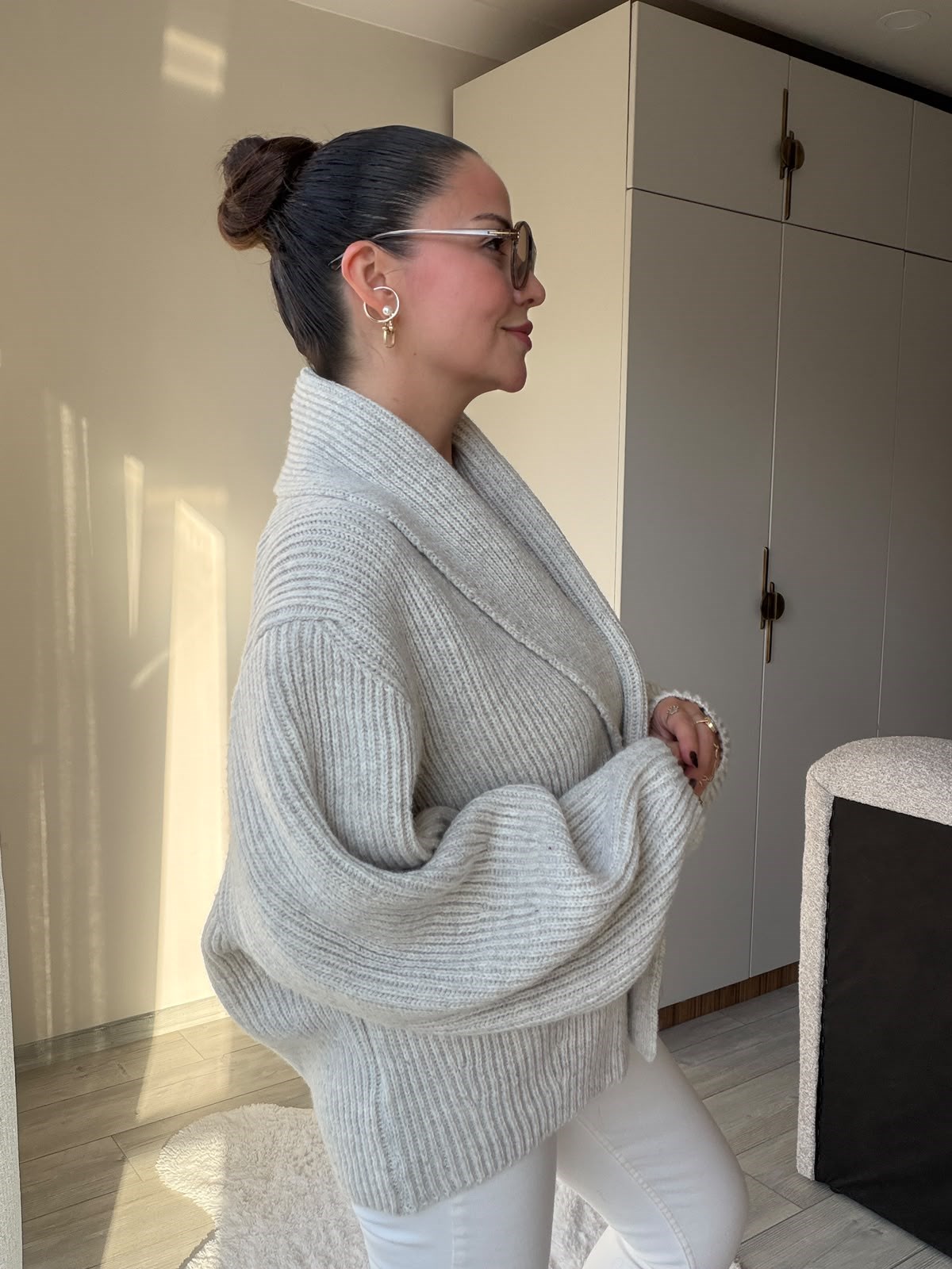 4837 Owersize Şal Yaka Yünlü Hırka TAŞ