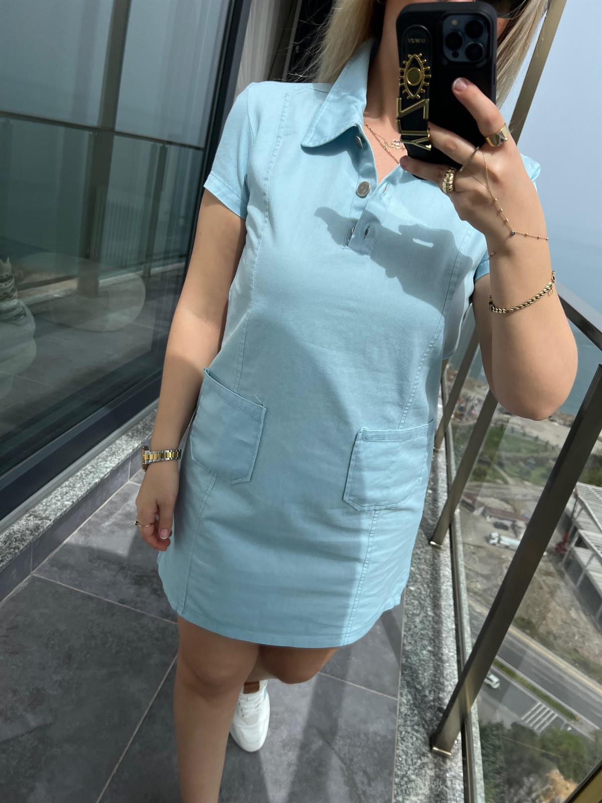 486 Ön Cepli Gabardin Elbise BEBE MAVİ