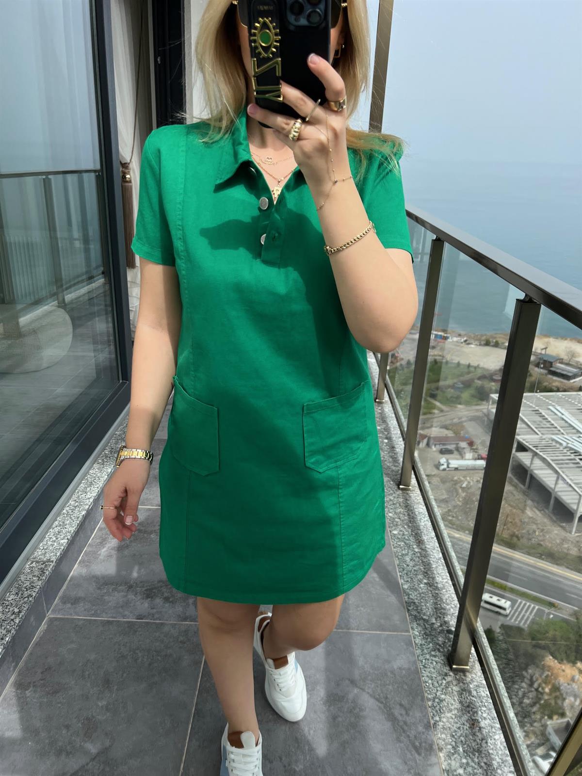 486 Ön Cepli Gabardin Elbise YEŞİL