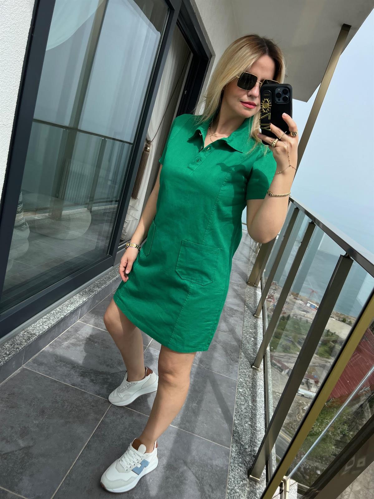 486 Ön Cepli Gabardin Elbise YEŞİL