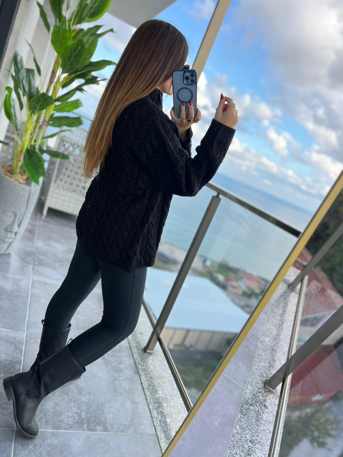 4874 Önü Fermuarlı Kazak SİYAH