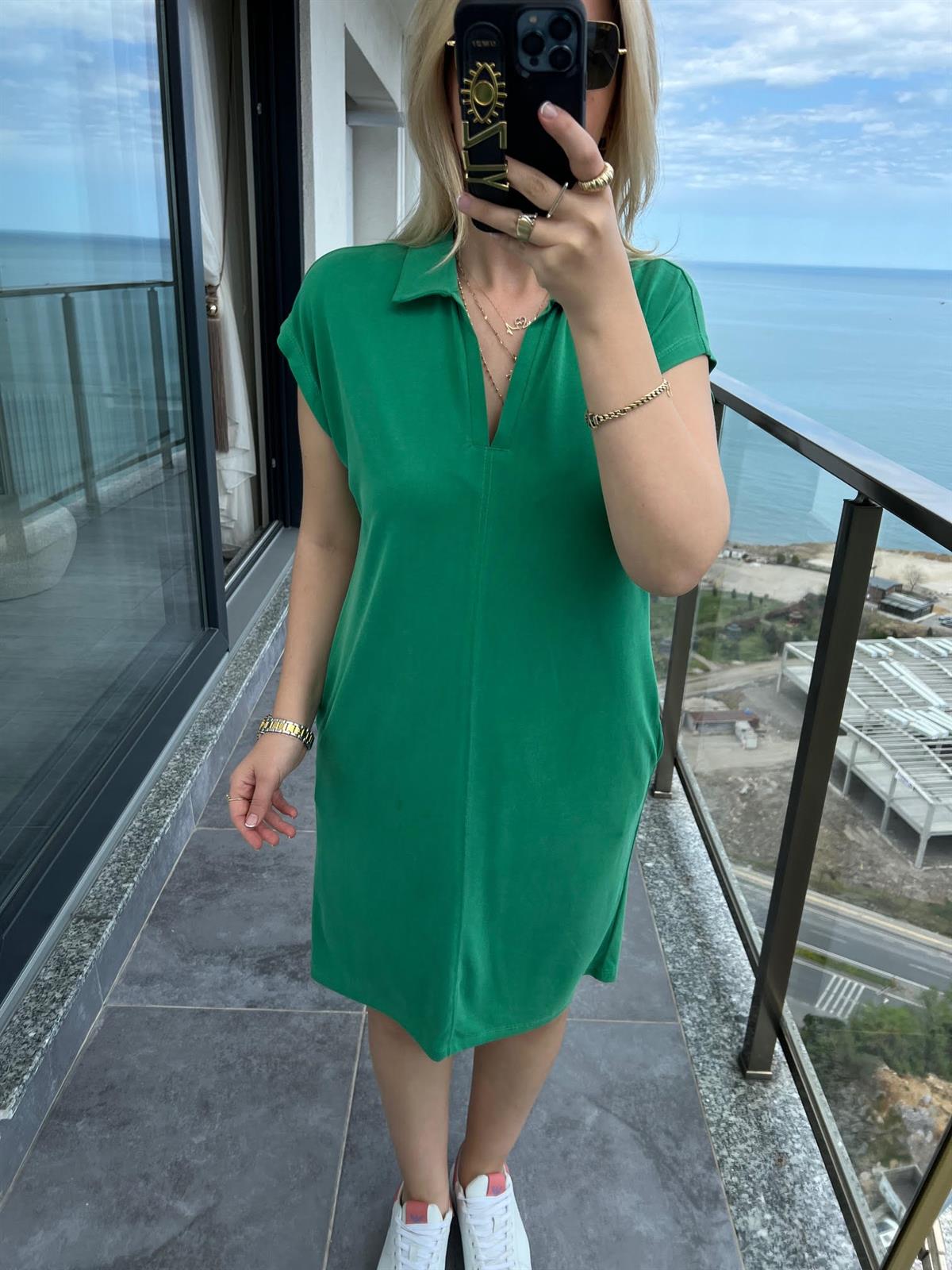 4956 Yakalı Elbise YEŞİL
