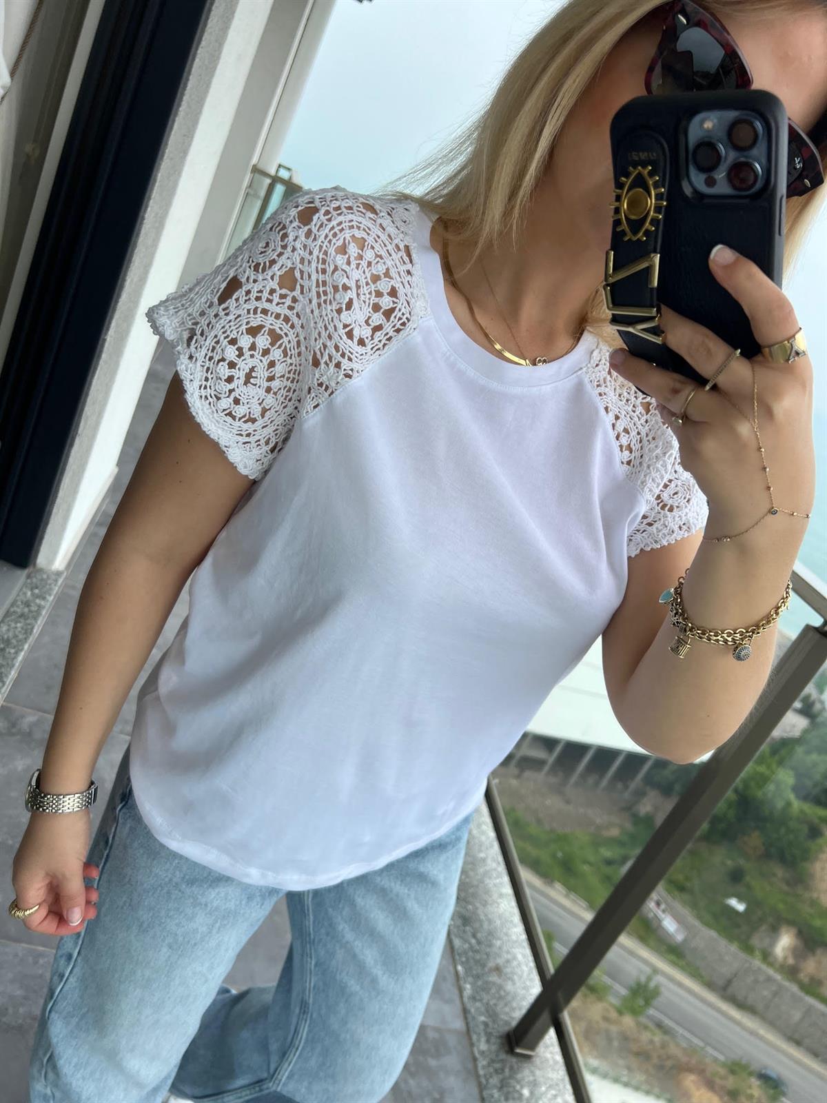 4961 Omuzu Dantel Tshirt BEYAZ