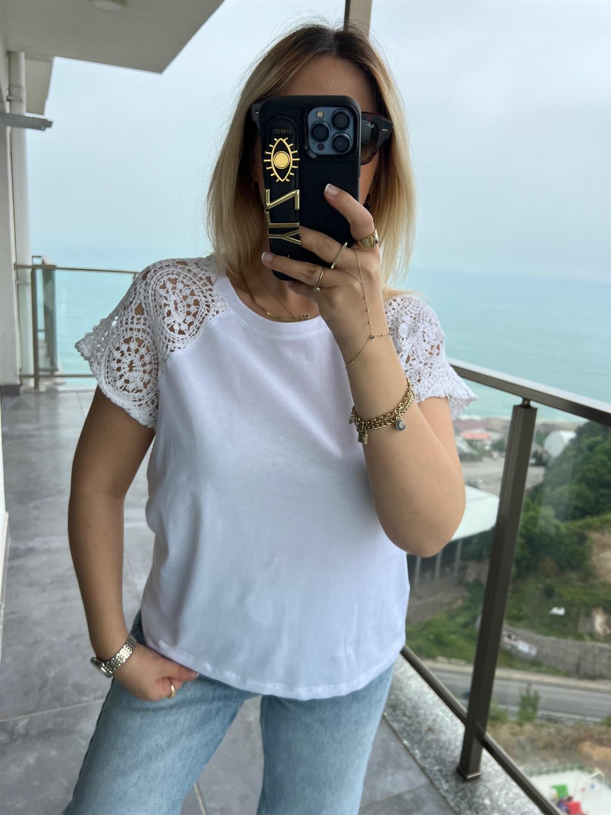 4961 Omuzu Dantel Tshirt BEYAZ
