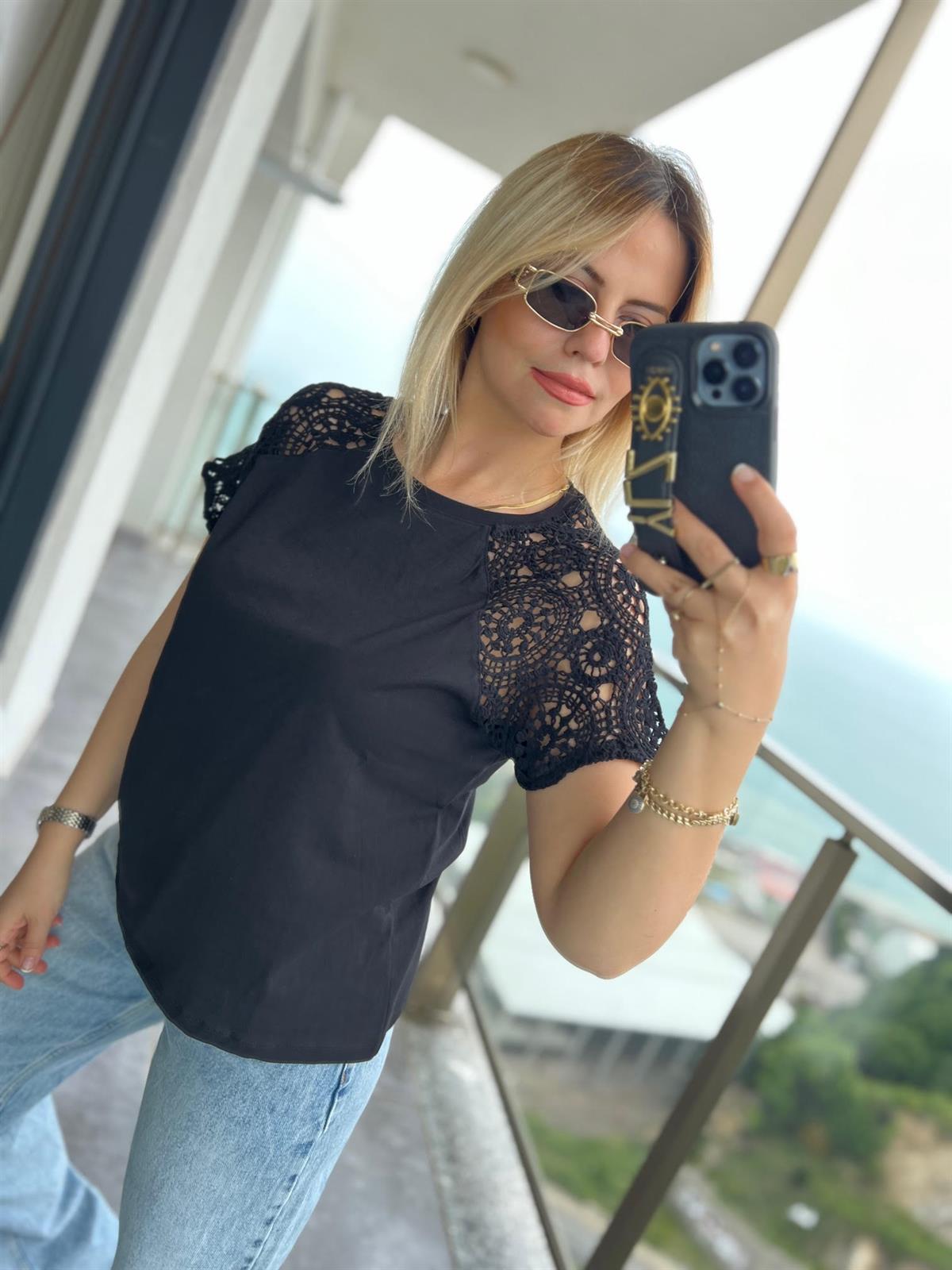 4961 Omuzu Dantel Tshirt SİYAH