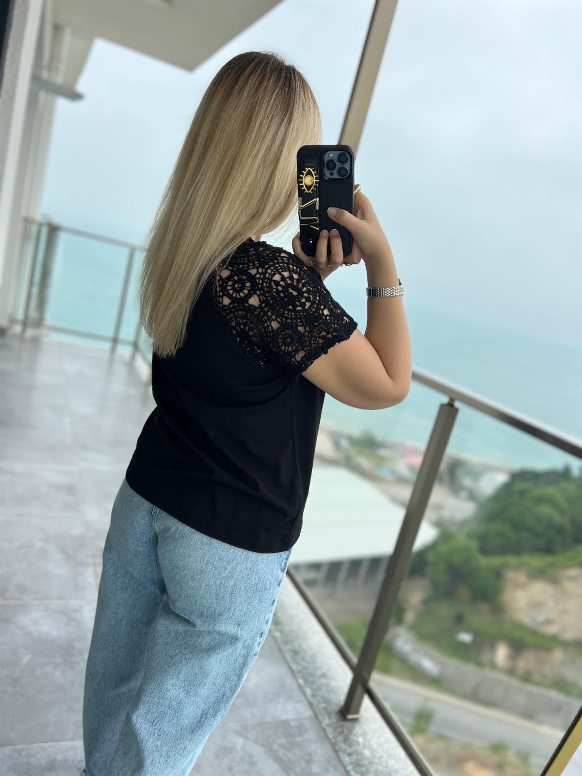 4961 Omuzu Dantel Tshirt SİYAH