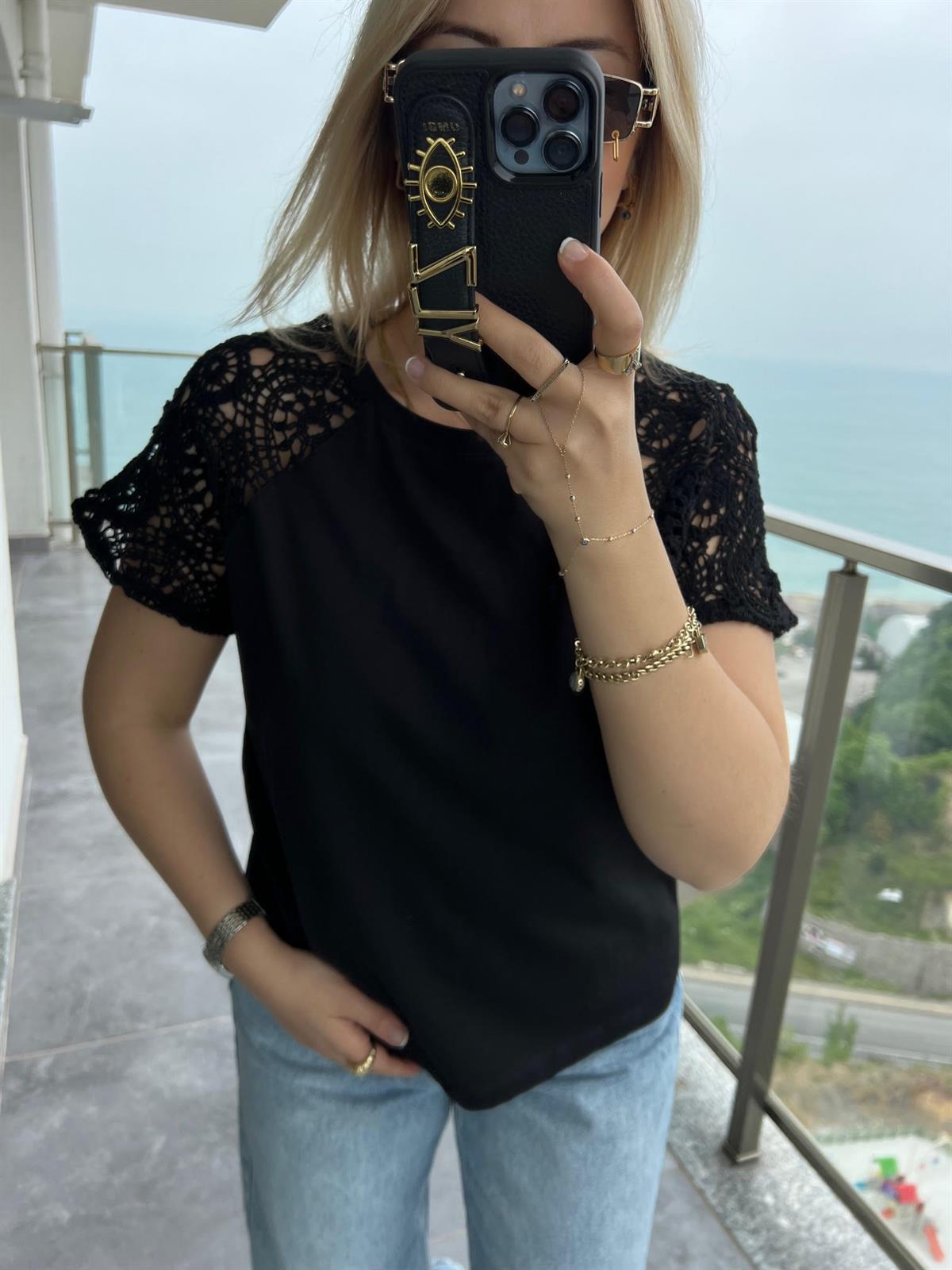 4961 Omuzu Dantel Tshirt SİYAH