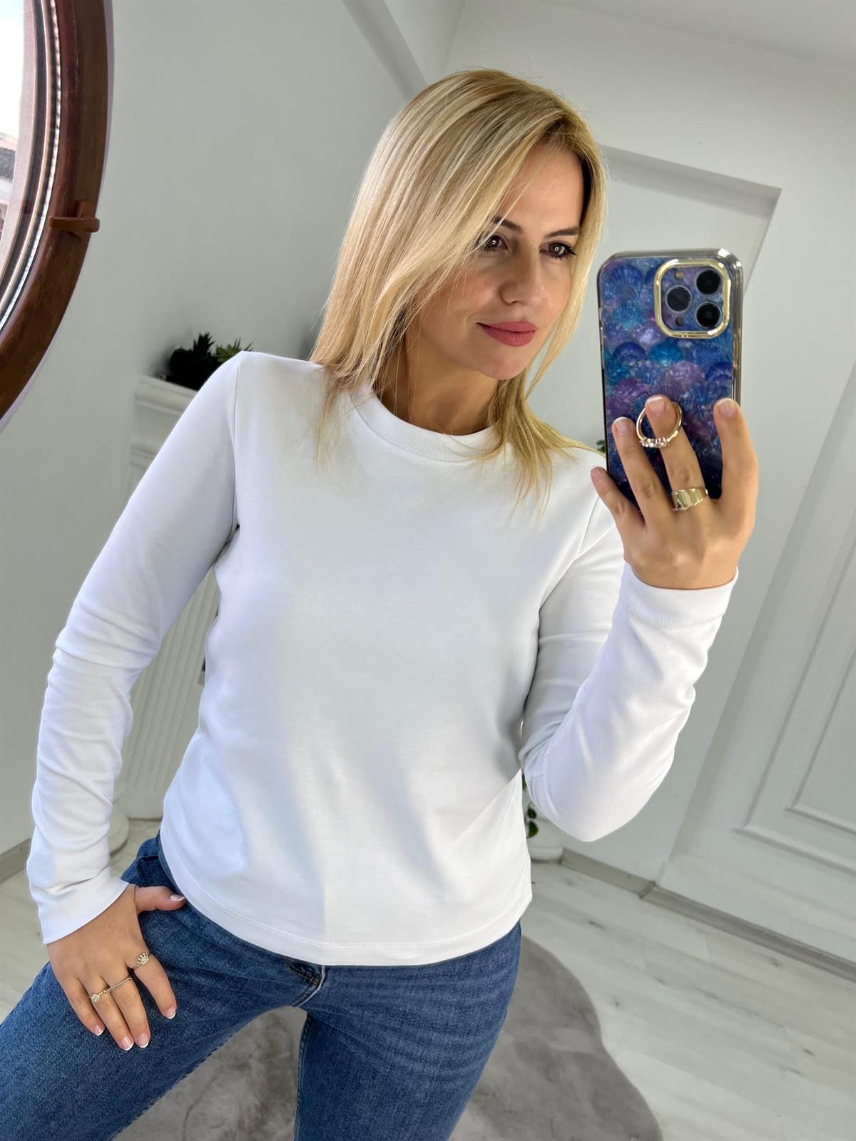 4978 Bisiklet Yaka Bluz BEYAZ