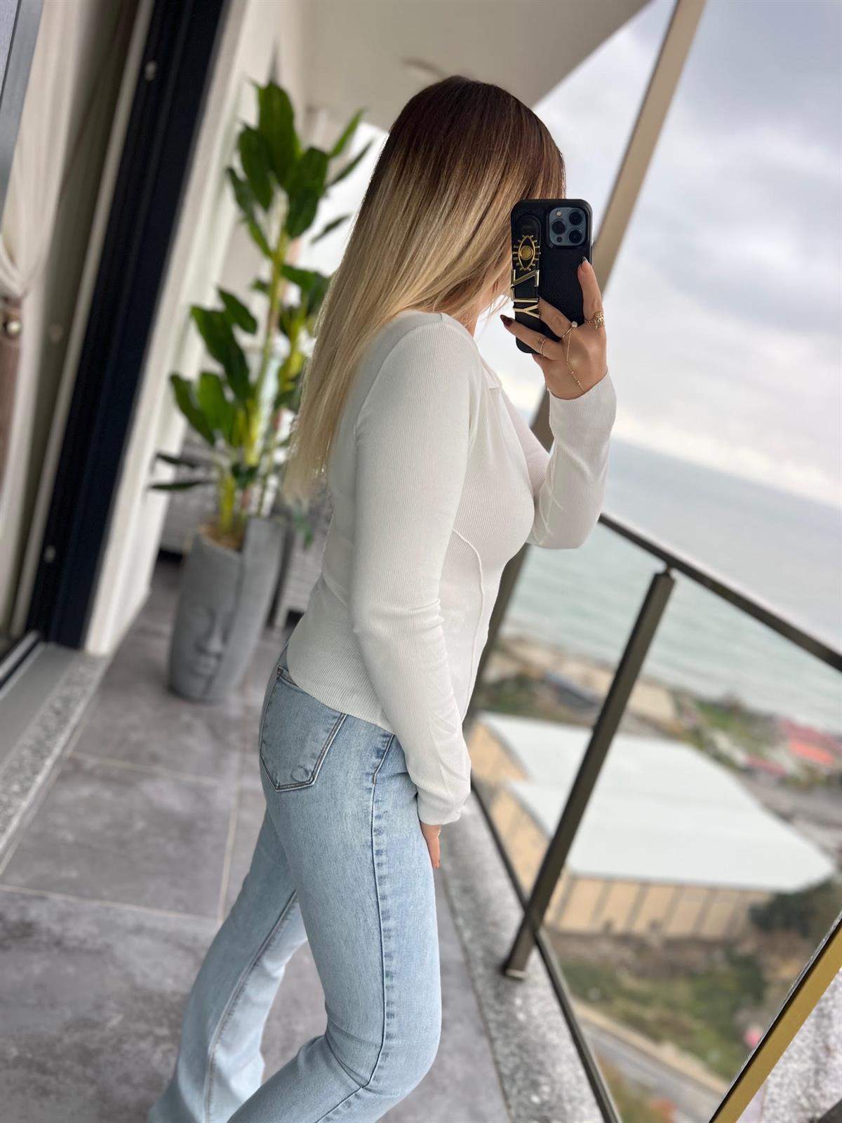4982 Önü Dikişi Fitilli Bluz EKRU