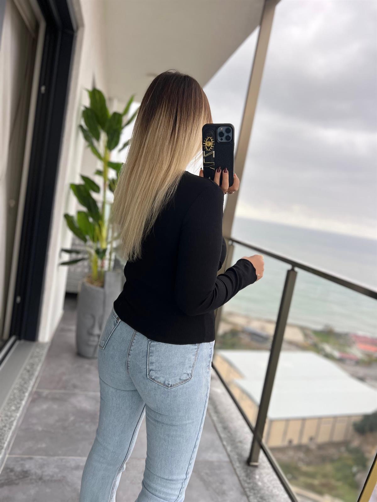 4982 Önü Dikişi Fitilli Bluz SİYAH