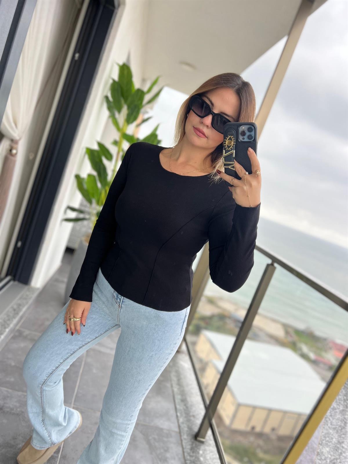 4982 Önü Dikişi Fitilli Bluz SİYAH