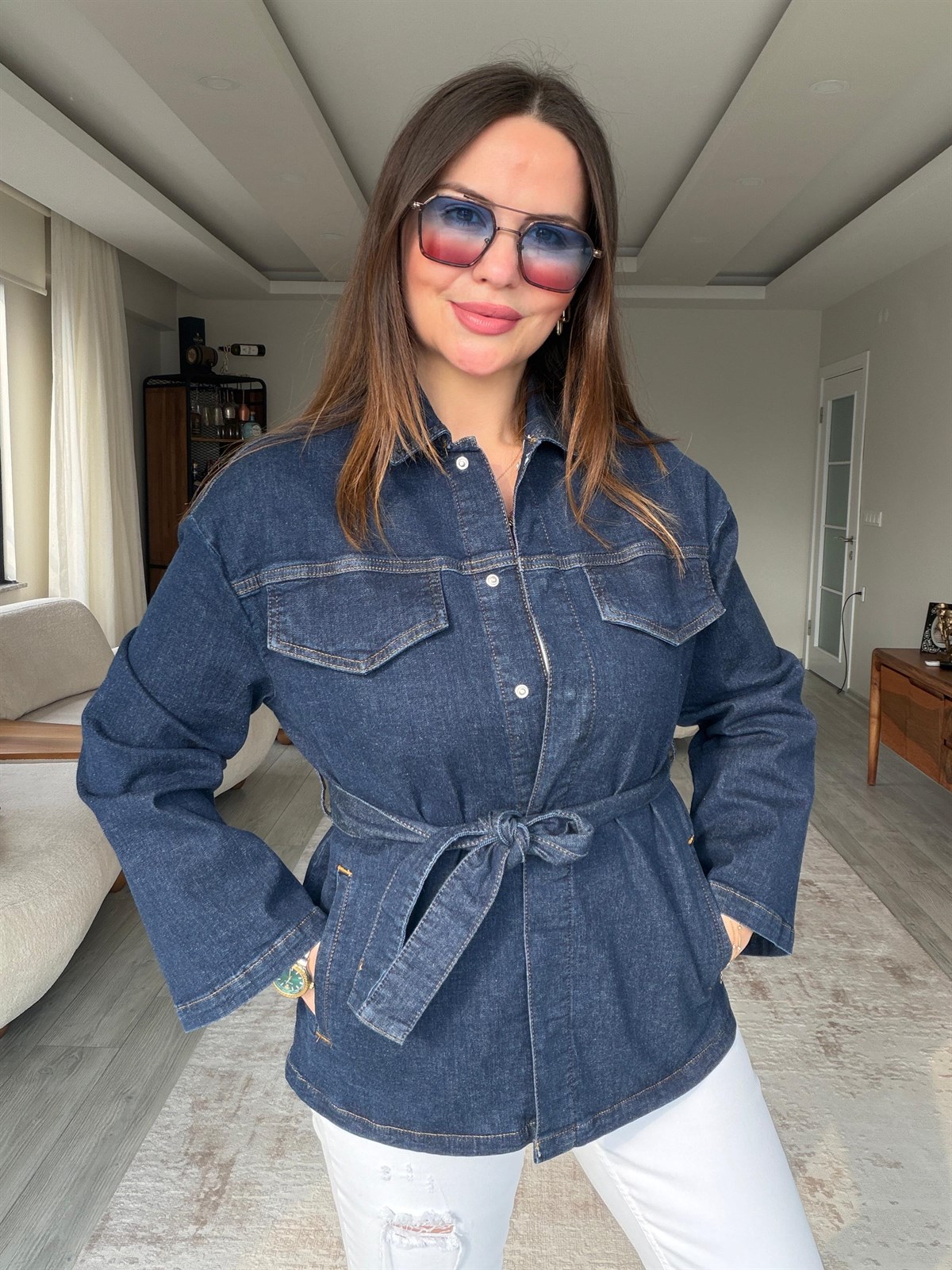 5001 Kemerli Kot Ceket LACİVERT