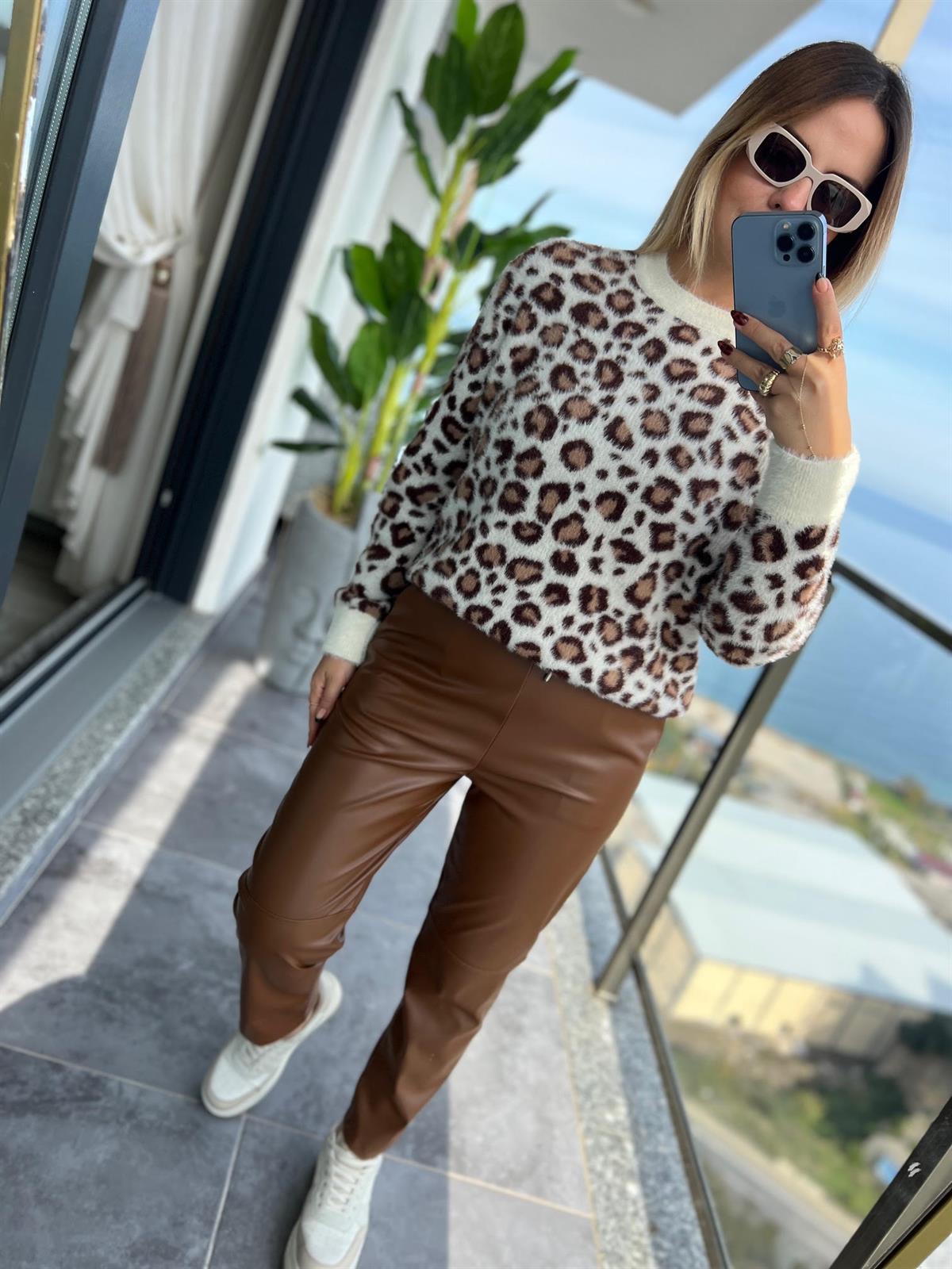 5003 Şardonlu Deri Pantolon KAHVE