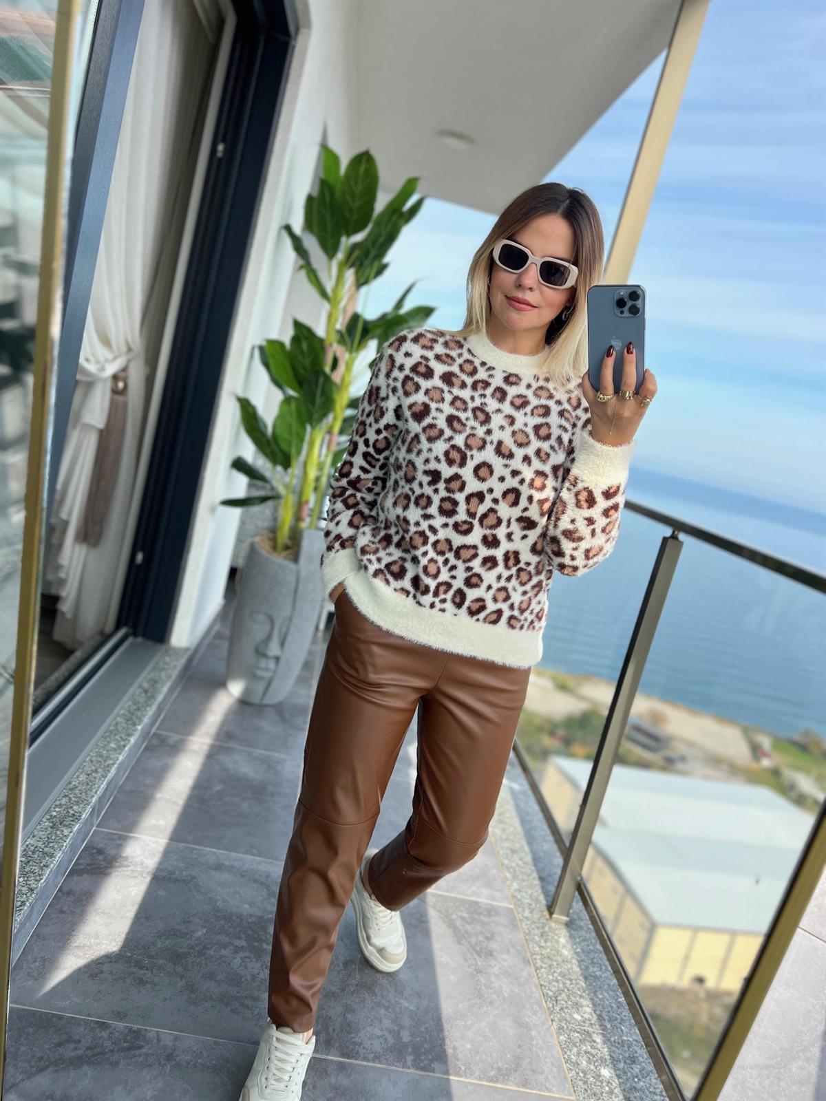 5003 Şardonlu Deri Pantolon KAHVE