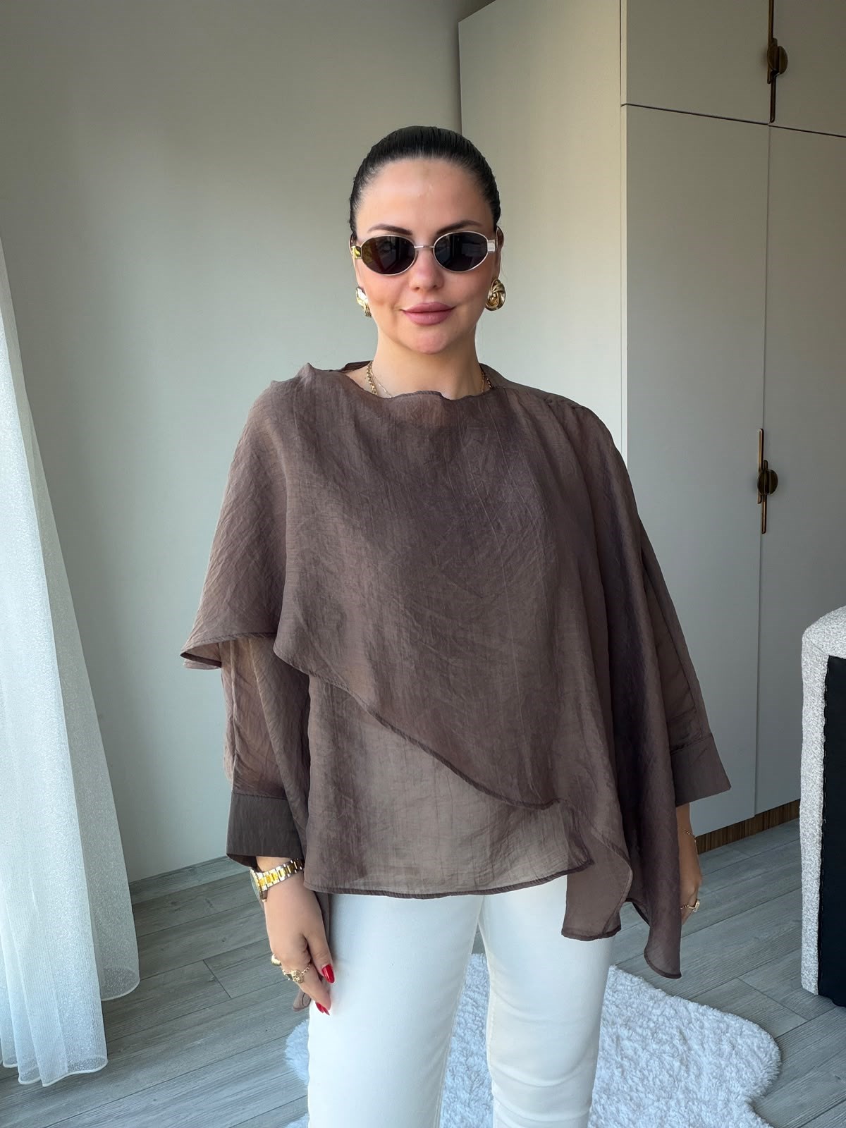 5026 Uçuşan Pelerin Bluz KAHVE