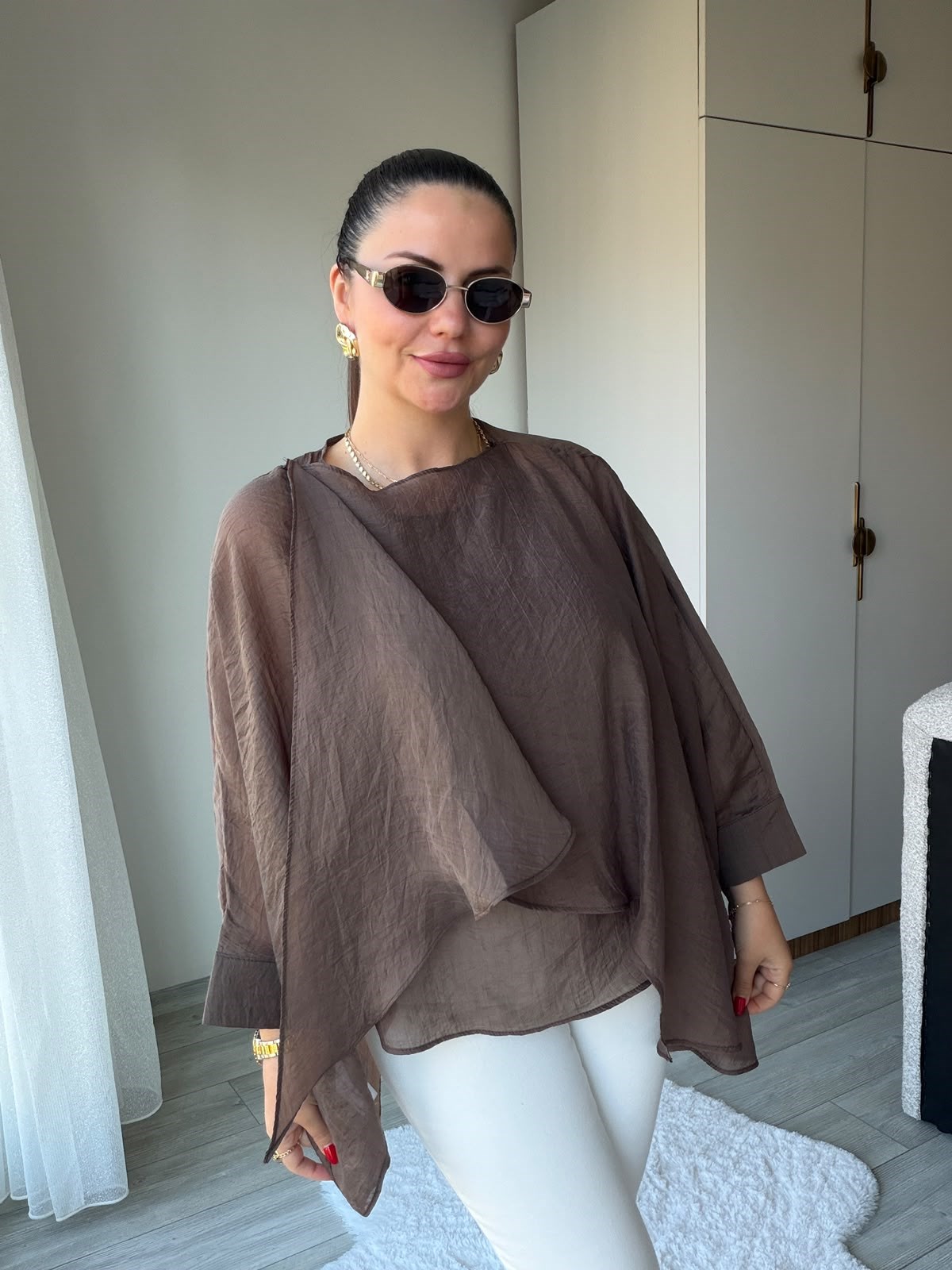 5026 Uçuşan Pelerin Bluz KAHVE